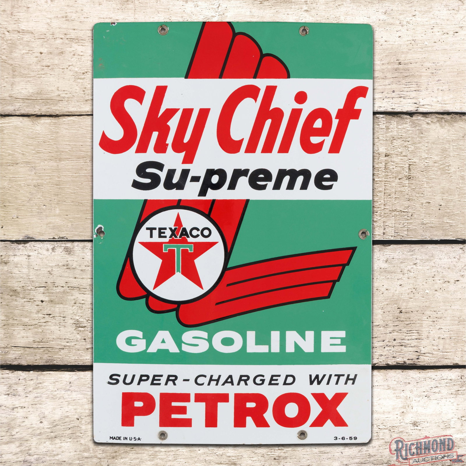 1959 Texaco Sky Chief Supreme Gasoline w/ Petrox Single Sided Porcelain Pump Plate Sign: SSP (single sided porcelain) pump plate sign has excellent color and gloss. The field is clean. The perimeter has a chip at the left hand mount hole and another small chip along the upper left edge. M