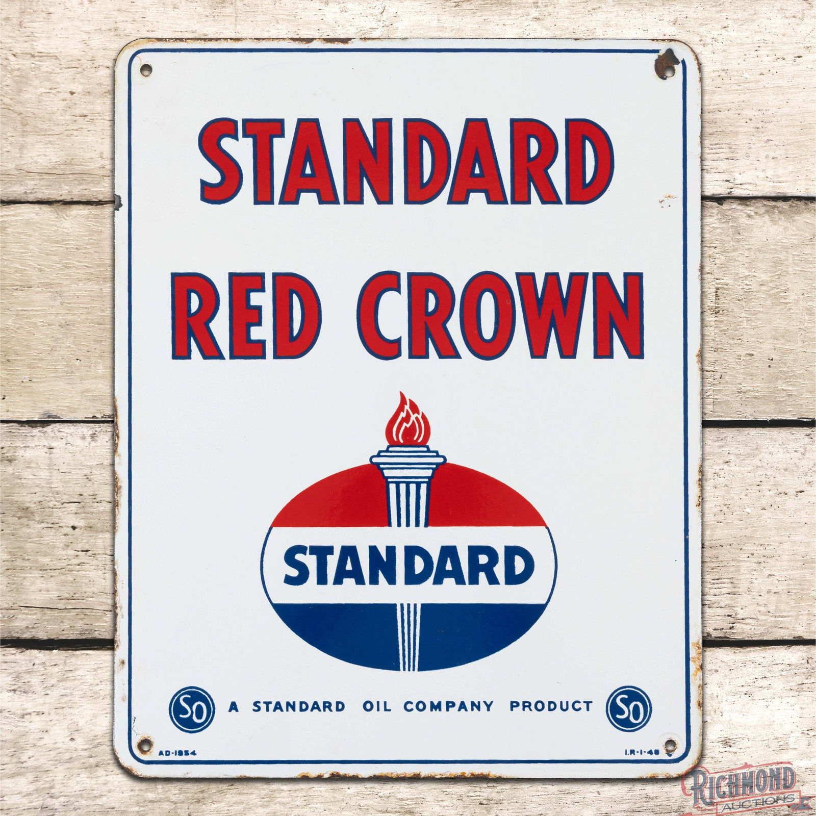 Standard Red Crown Gasoline Single Sided Porcelain Pump Plate Sign w/ Logo: SSP (single sided porcelain) sign has excellent color and gloss. The field has tiny nicks in the logo with a small area of wear in the upper right outer field. The perimeter has areas of edge wear wit