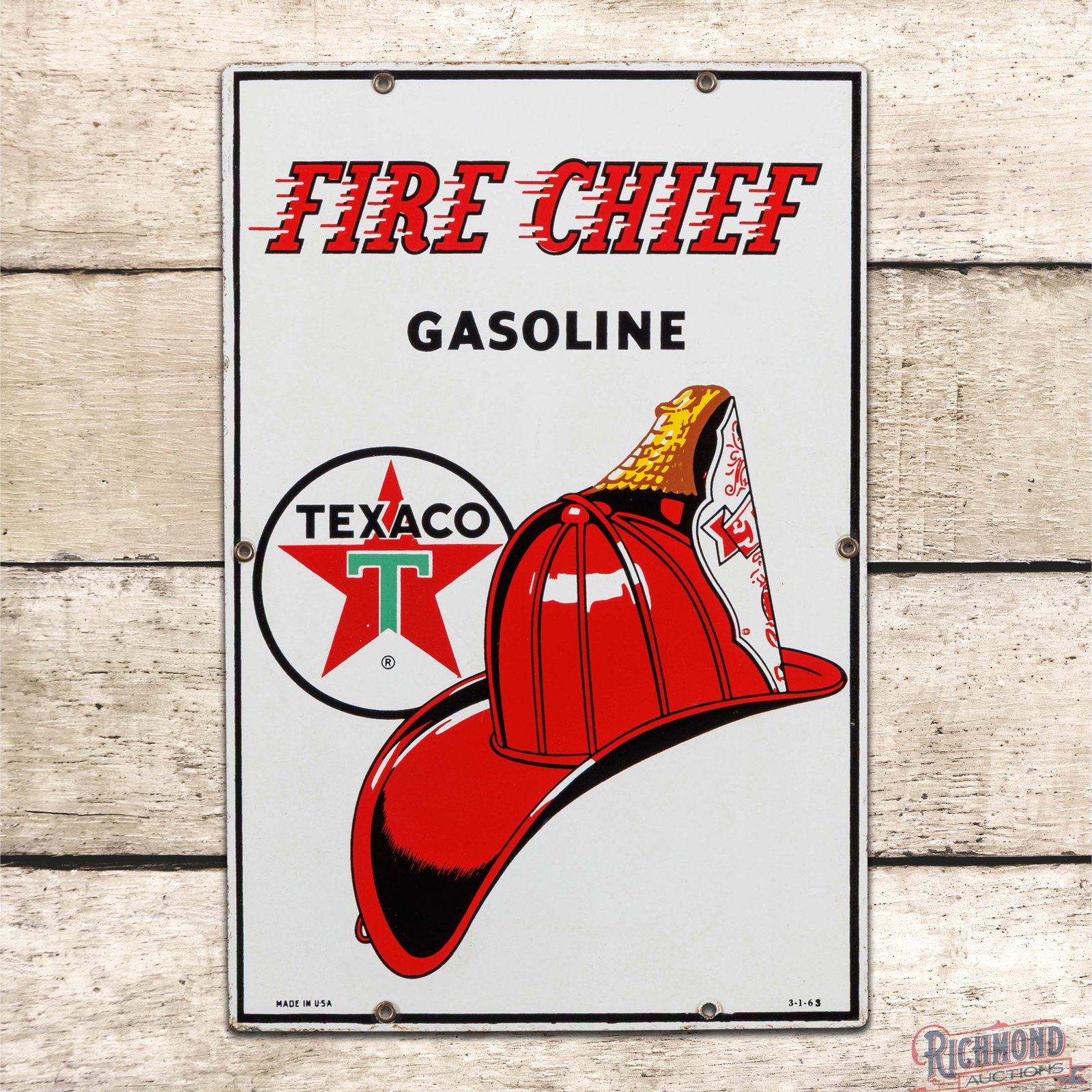 1963 Texaco Fire Chief Gasoline Single Sided Porcelain Pump Plate Sign "White T": SSP (single sided porcelain) pump plate has excellent color and gloss. The field is clean with minor marks. The perimeter has areas of slight discoloration with wear along the outer edges. Five factor