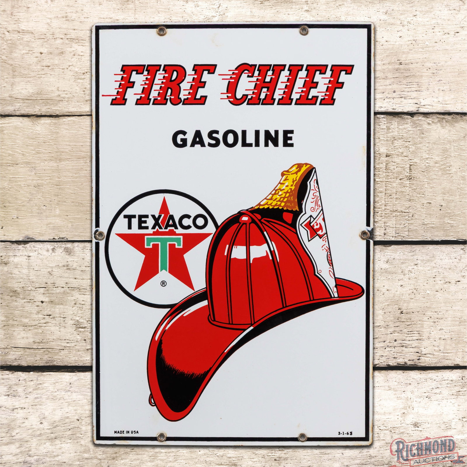 1963 Texaco Fire Chief Gasoline Single Sided Porcelain Pump Plate Sign w/ Logo: SSP (single sided porcelain) pump plate has excellent color and gloss. The field is clean. The perimeter has small areas of discoloration with small chips at the left and right hand mounting holes. Al
