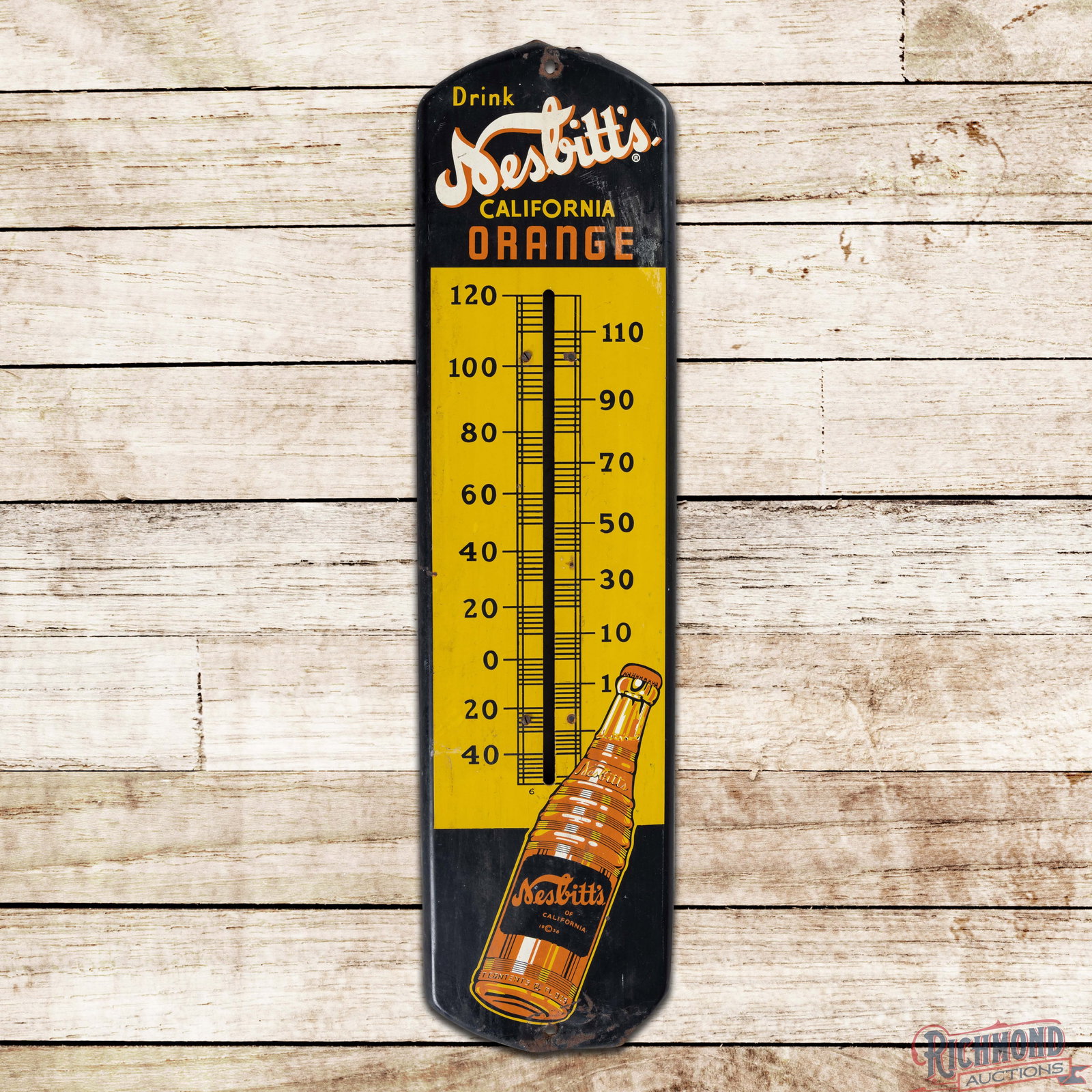 Drink Nesbitt's Calfornia Orange Single Sided Tin Therometer w/ Bottle: SST (single sided tin) thermometer has good color. The tube and tube holder are missing. The display has surface wear with elongated mounting holes, bends and wear along the edges. 27.5" H x 7" W. Con