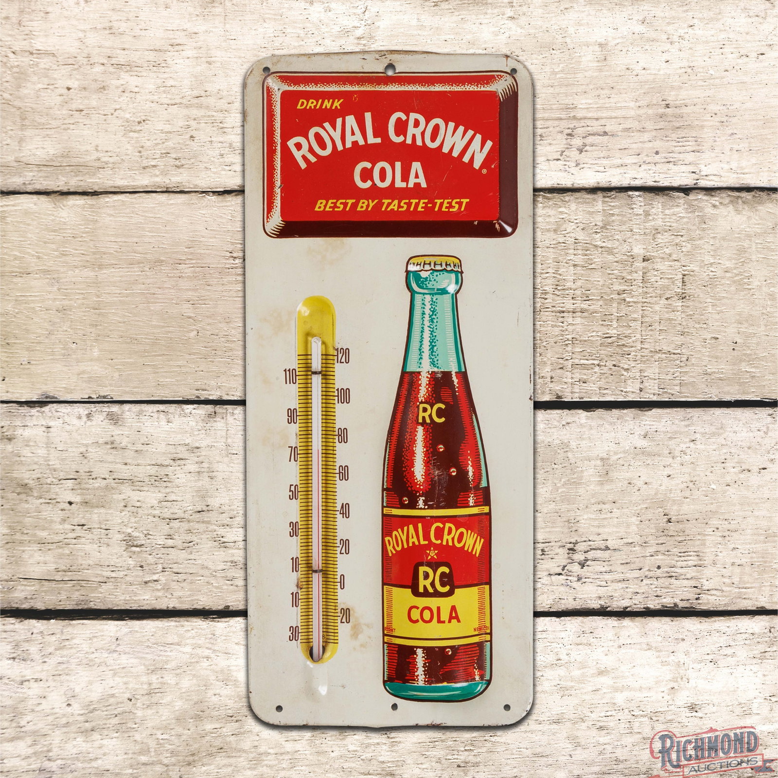 Drink RC Royal Crown Cola Single Sided Tin Thermometer w/ Bottle: SST (single sided tin) embossed thermometer has good color and shine. The tube is present and works properly. The display has fine scratches with small areas of discoloration. The perimeter has minor 