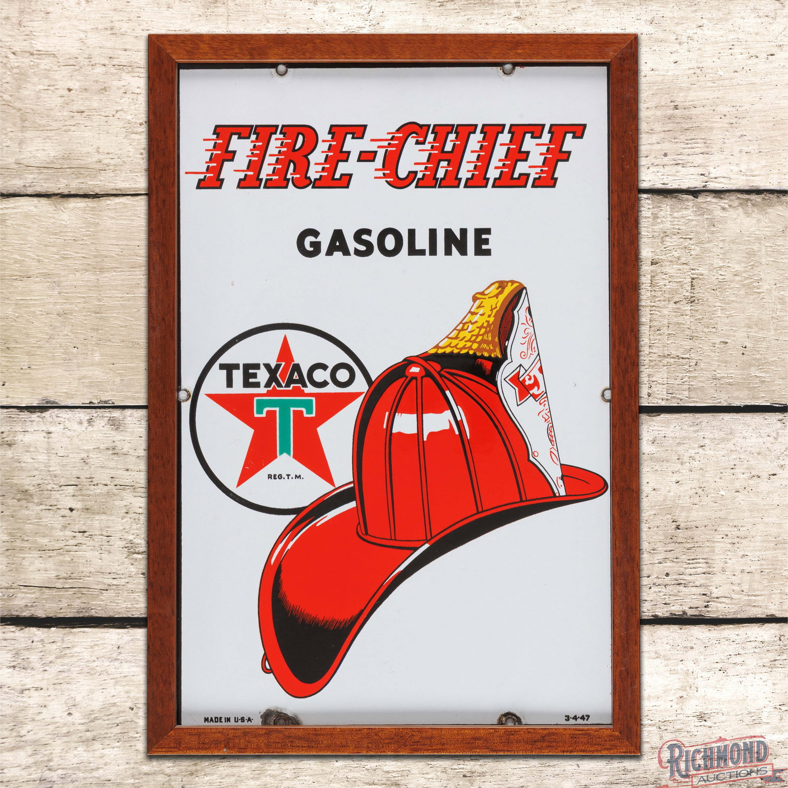 1947 Texaco Fire Chief Gasoline Single Sided Porcelain Pump Plate Sign: SSP (single sided porcelain) pump plate with an added wooden frame has excellent color and gloss. The display has light surface wear with a tiny flea bite in the field. The perimeter has chips at the 