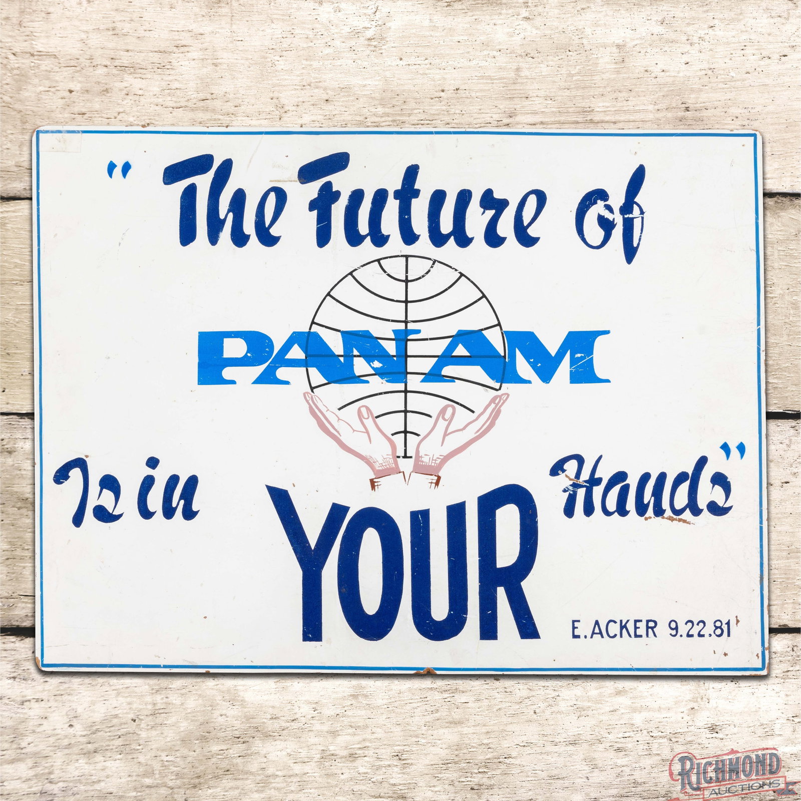 Pan Am Airlines The Future is in Your Hands SS Masonite Sign w/ Logo (1 of 3)
