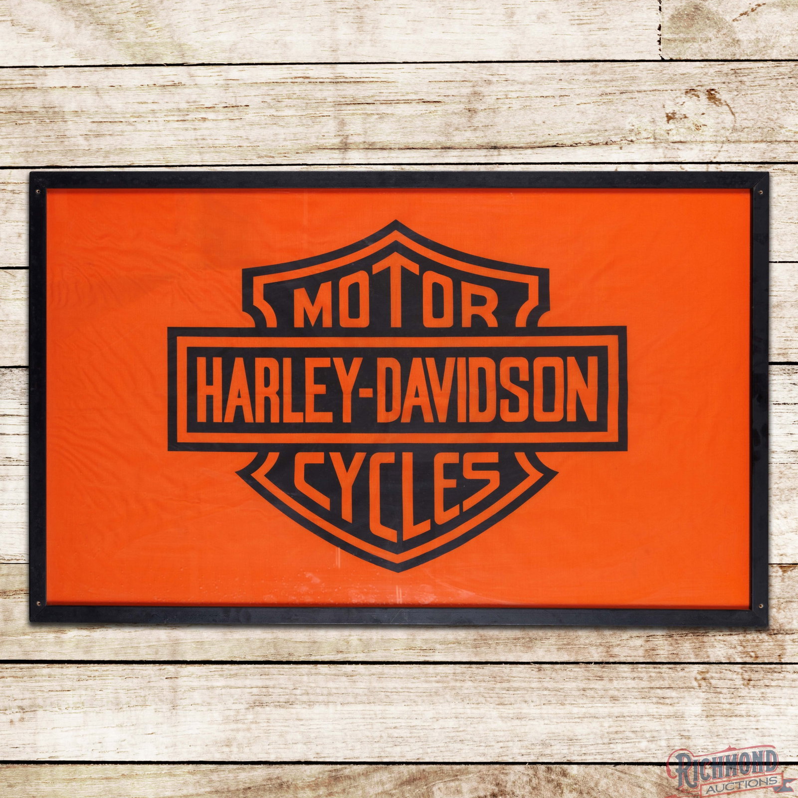 Harley Davidson Motor Cycles Framed Banner Sign w/ Logo: Single sided advertising banner has been framed under plexiglass. The banner features vibrant colors with minor spotting in the fields. The outer fields and perimeter have wrinkles with minor discolor
