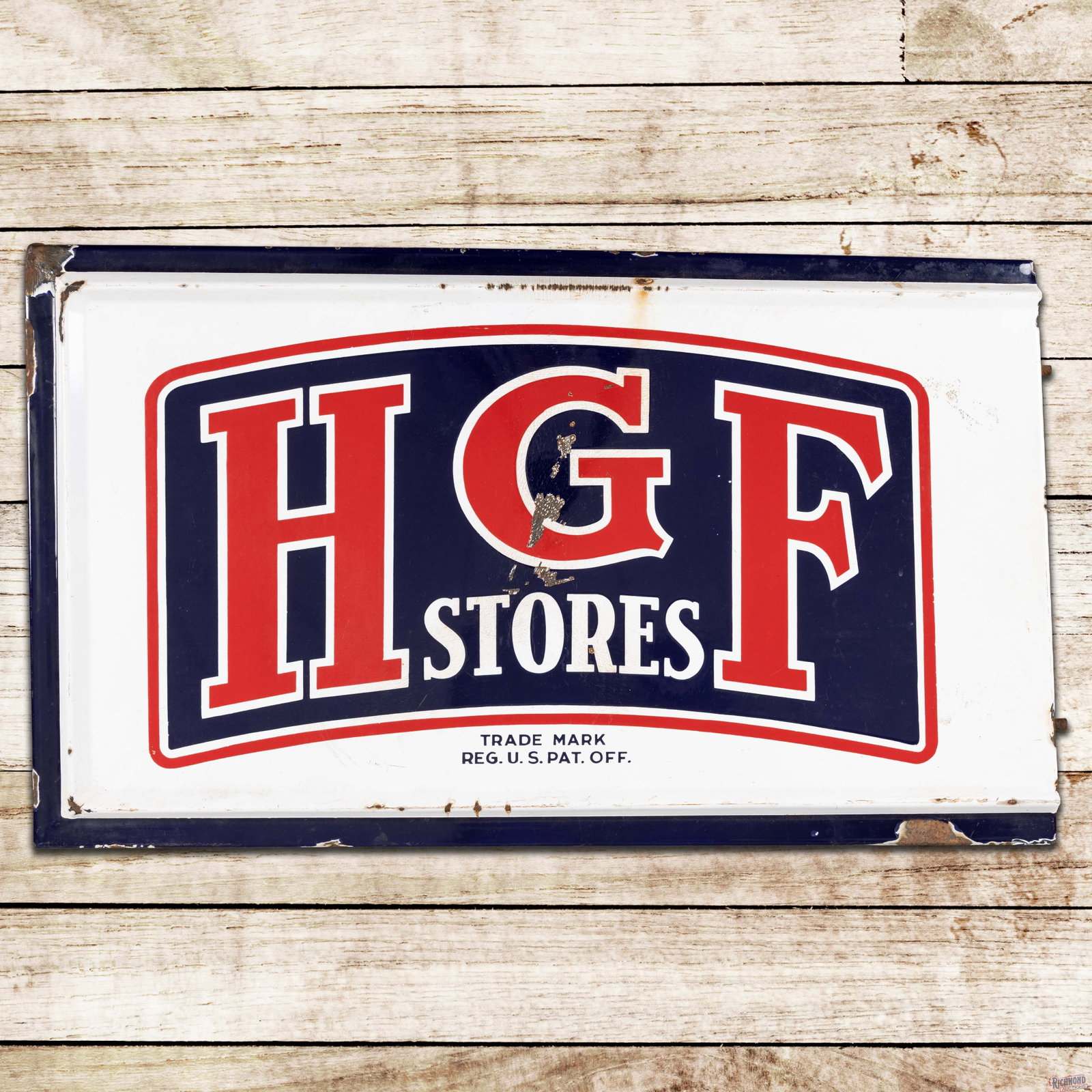 HGF Stores Single Sided Porcelain Self-framed Sign: SSP (single sided porcelain) self-framed rolled edge sign has good color and gloss. The fields have chips with areas of crazing and surface wear. The perimeter has wear with larger chips along the sel