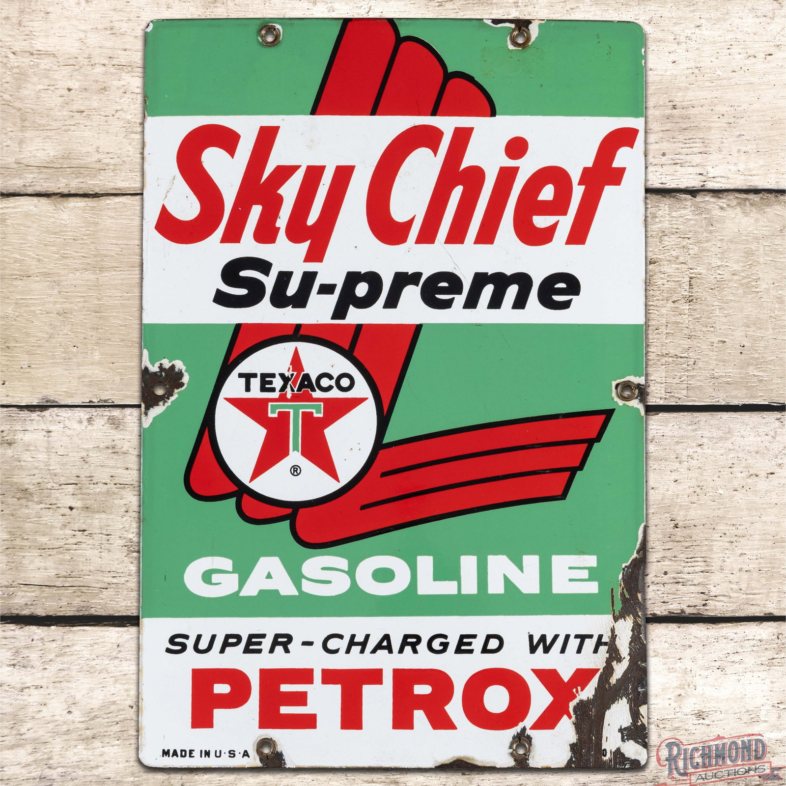Texaco Sky Chief Gasoline w/ Petrox 15" Single Sided Porcelain Sign "Medium" (1 of 3)