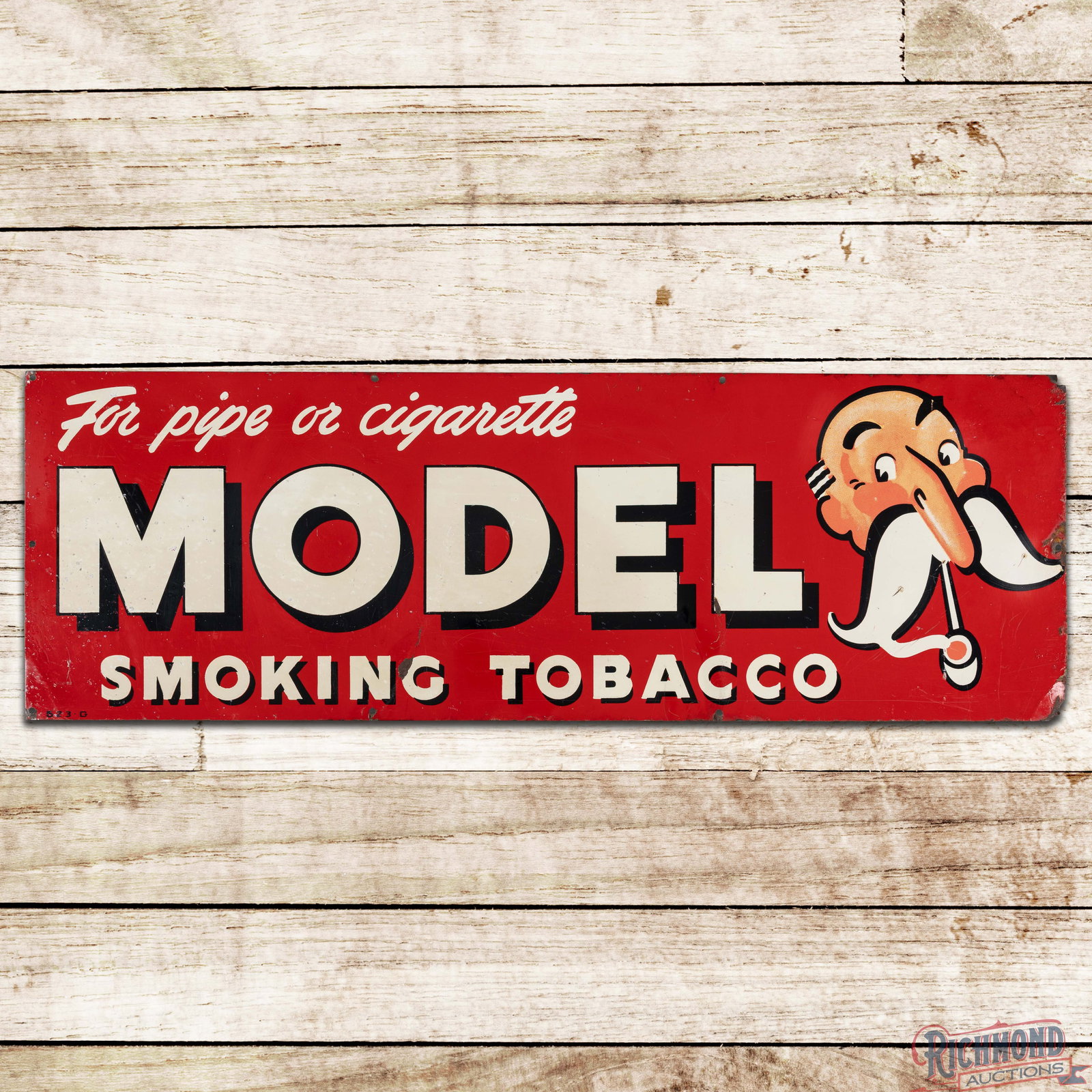 Model Smoking Tobacco For Pipe or Cigarette Single Sided Tin Sign w/ Smoking Man: SST (single sided tin) sign has good color and shine. The field has surface wear with light bends and paint chips. The perimeter has oxidation with paint chips and loss on the right hand corners. Mark