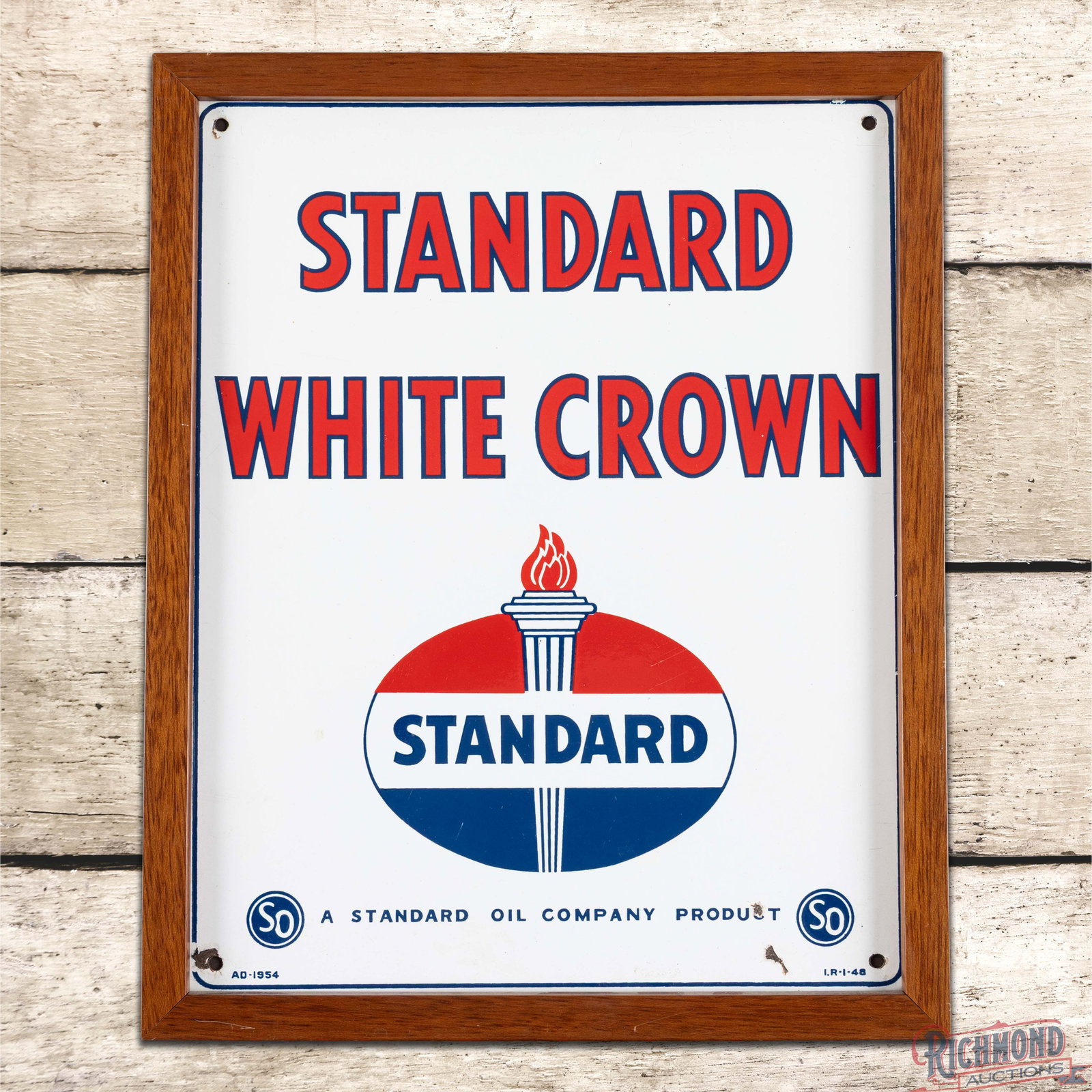 Standard White Crown Gasoline Single Sided Porcelain Pump Plate Sign: SSP (single sided porcelain) pump plate with added wooden frame has excellent color and gloss. The display has light wear with small chips in the lower right outer field. The perimeter has small chips