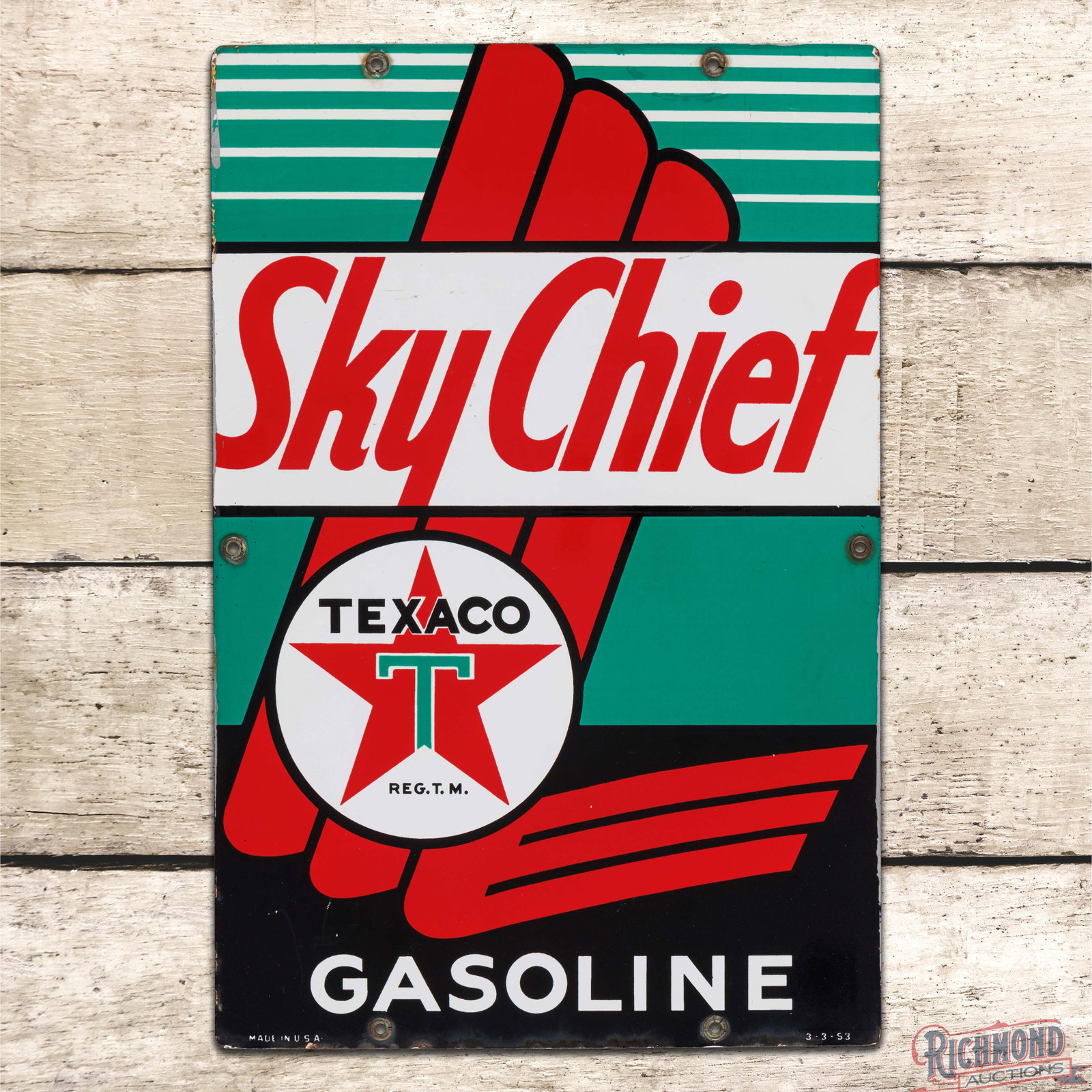 1953 Texaco Sky Chief Gasoline Single Sided Porcelain Pump Plate Sign: SSP (single sided porcelain) pump plate has excellent color and gloss. The field is clean with minor surface imperfections and fine scratches in the lower left outer fields. The perimeter has errant s