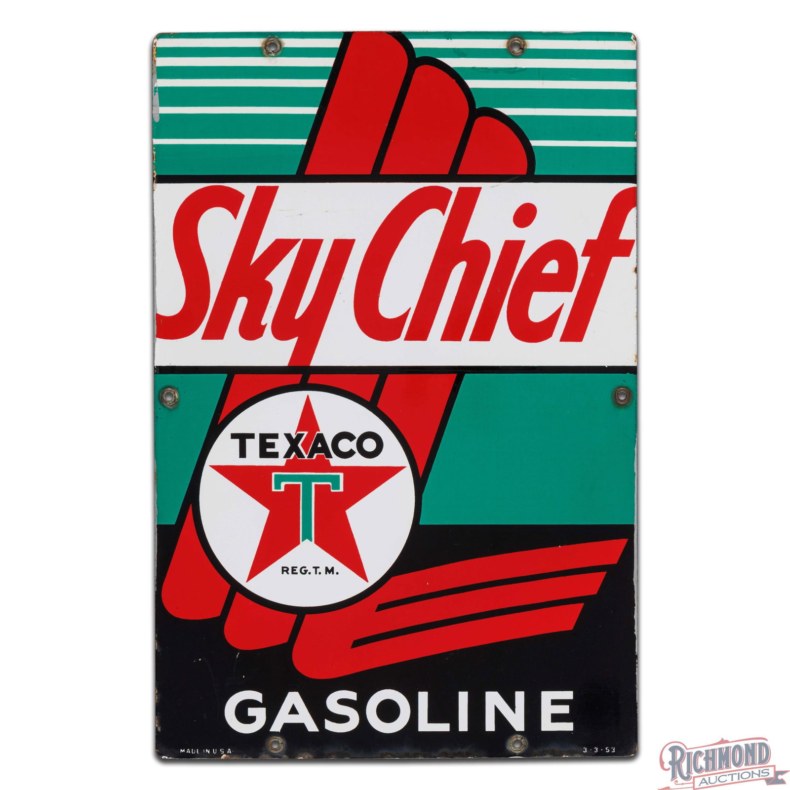 1953 Texaco Sky Chief Gasoline Single Sided Porcelain Pump Plate Sign - 2
