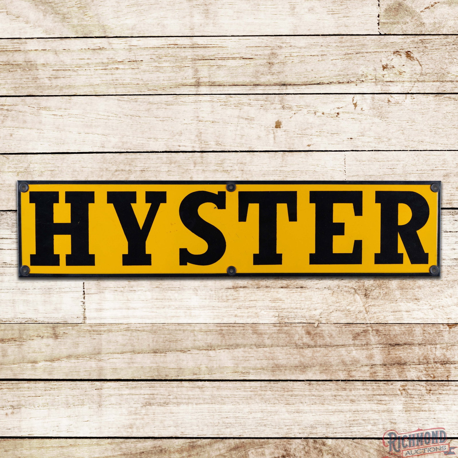 Hyster Forklifts 27.5" Single Sided Porcelain Sign: SSP (single sided porcelain) sign has excellent color and gloss. The display has light wear with a tiny chip by the "S". The perimeter is clean. Overall a clean example. 6.25" H x 27.5" W. Condition: 