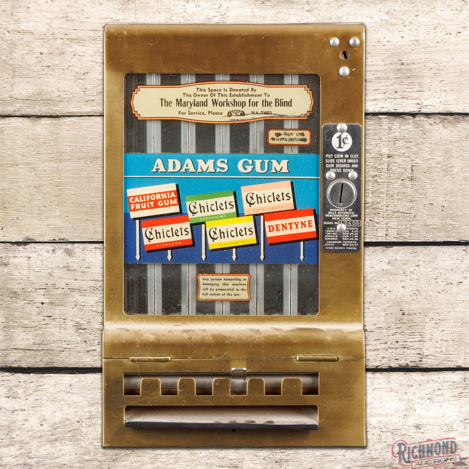 Adams Gum Chiclets One Cent Gum Dispenser: One cent gum dispenser features the original paint and decals. The paint has excellent color and shine with light wear and small indentations. The glass features the factory decals. The lower chrome t