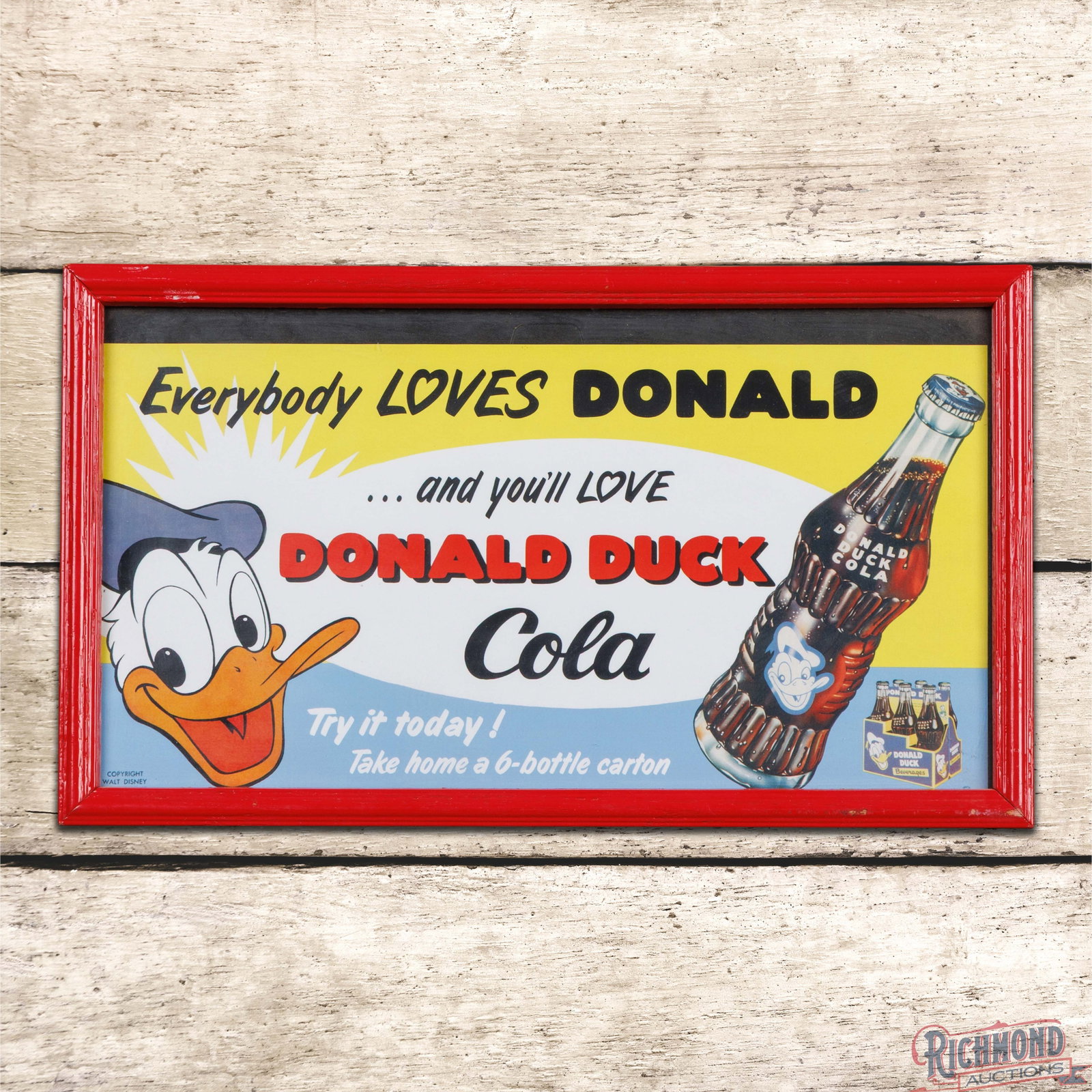 Everybody Loves Donald Duck Cola Framed Advertising Poster Sign Walt Disney: Single sided paper advertising poster has been framed under plexiglass. The poster has excellent color and features a colorful graphic of Donald Duck with a bottle and a six-pack. The field and perime
