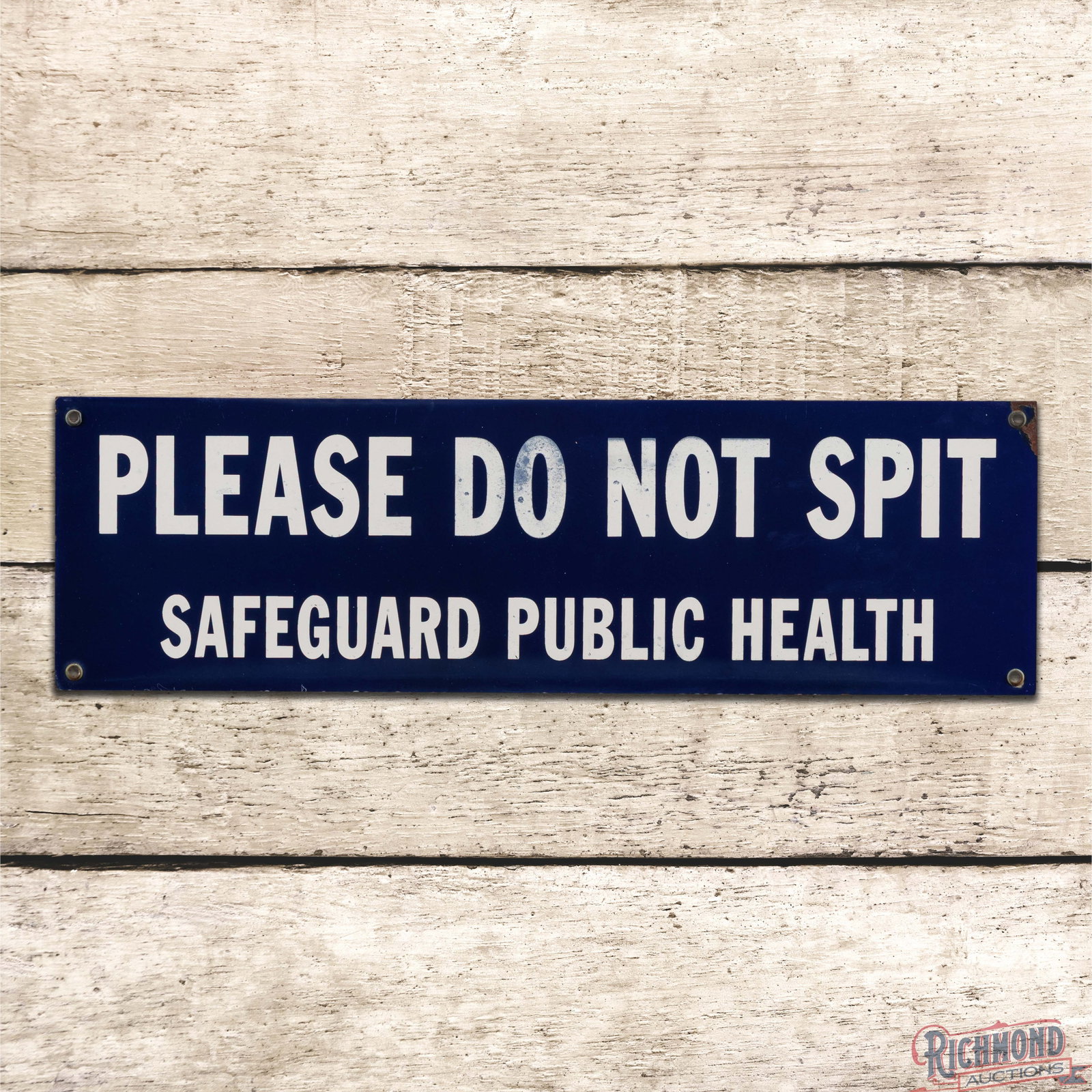 Please Do Not Spit Safeguard Public Health 20" Single Sided Porcelain Sign: SSP (single sided porcelain) sign has good color and gloss. The field has light wear with wash to the lettering and cloudiness in the outer fields. The perimeter has a chip with a minor bend on the up