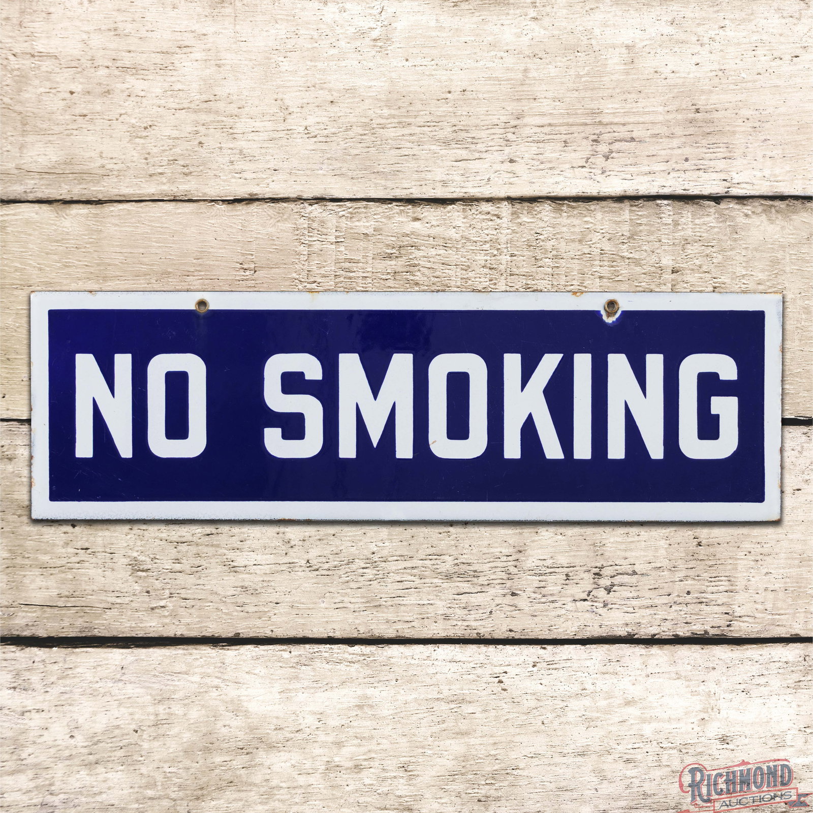 Gulf No Smoking 18" Single Sided Porcelain Sign: SSP (single sided porcelain) sign has excellent color and gloss. The field exhibits light wear with fine scratches and a tiny area of discoloration in the "O" of Smoking. The perimeter has a small chi