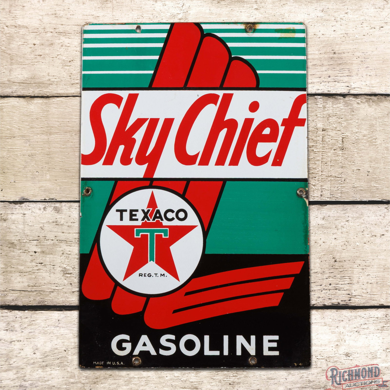 1941 Texaco Sky Chief Gasoline Single Sided Porcelain Pump Plate Sign: SSP (single sided porcelain) pump plate sign has good color and gloss. The field has light wear with small bruises in the upper field and fine scratches in the outer fields. The perimeter has sticker 