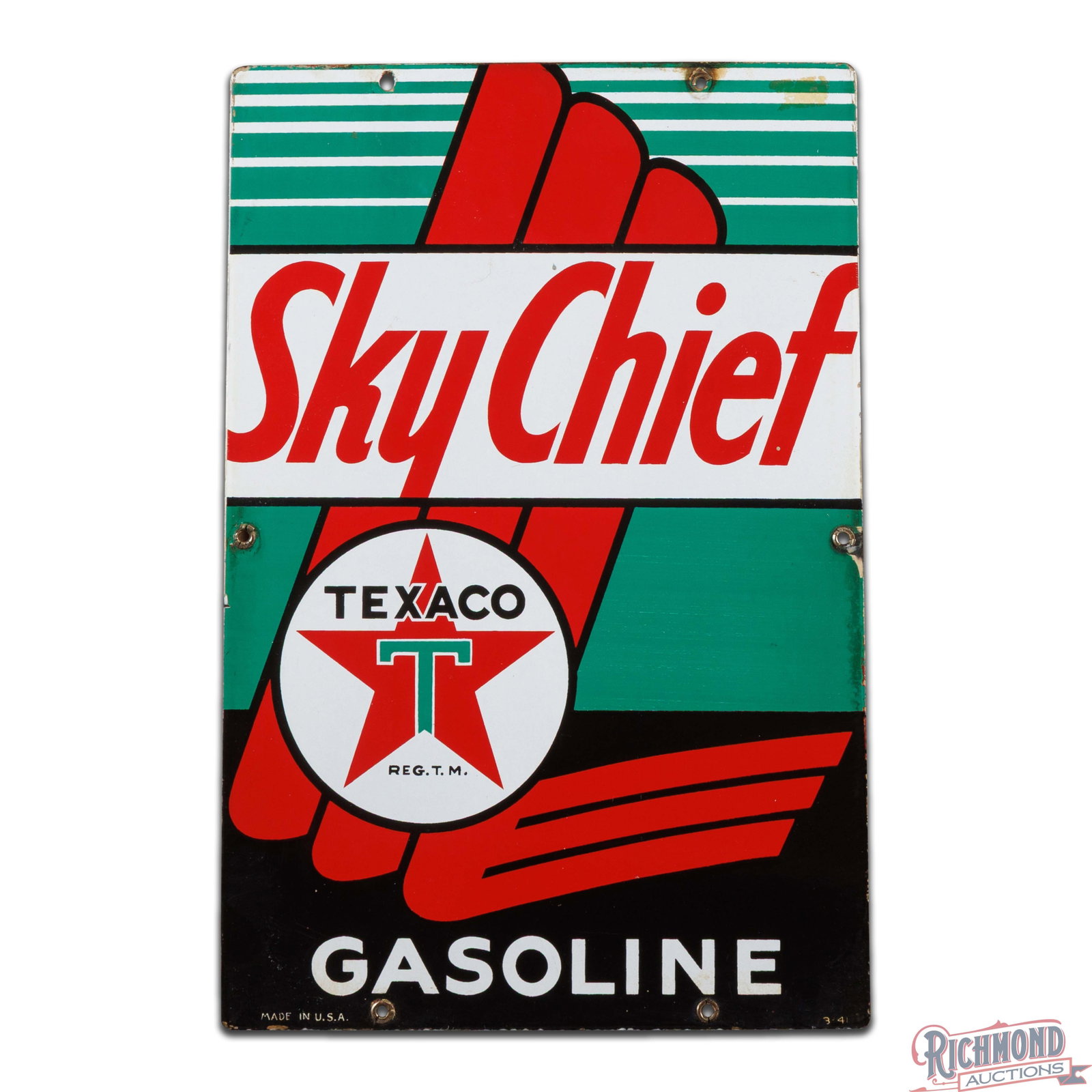 1941 Texaco Sky Chief Gasoline Single Sided Porcelain Pump Plate Sign - 2