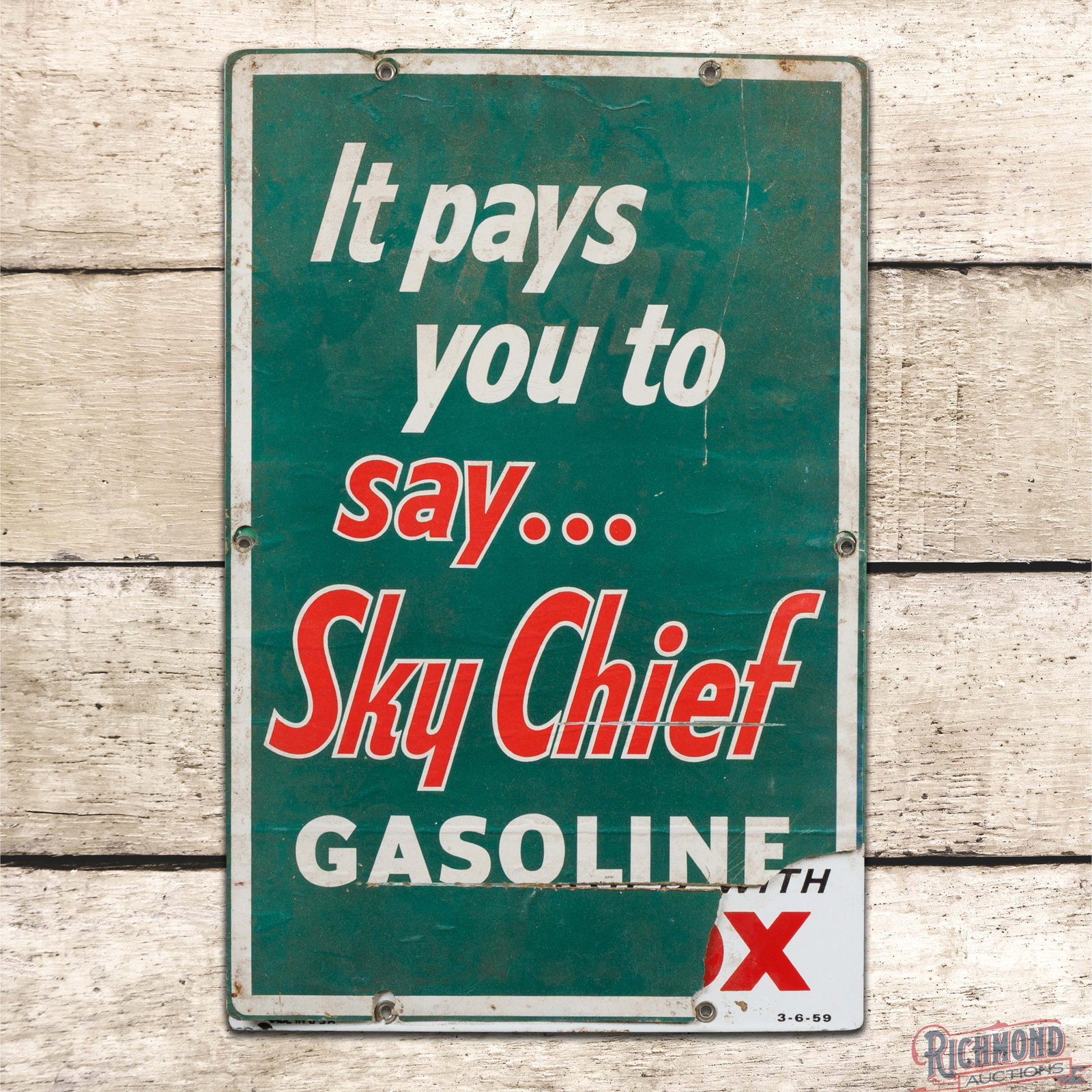 1959 Texaco It Pays You to Say Sky Chief Gasoline Single Sided Porcelain Pump Plate Sign: SSP (single sided porcelain) pump plate sign with an original Sky Chief decal has good color. The display is mostly covered by the decal which shows general wear with tears and loss. The visible areas
