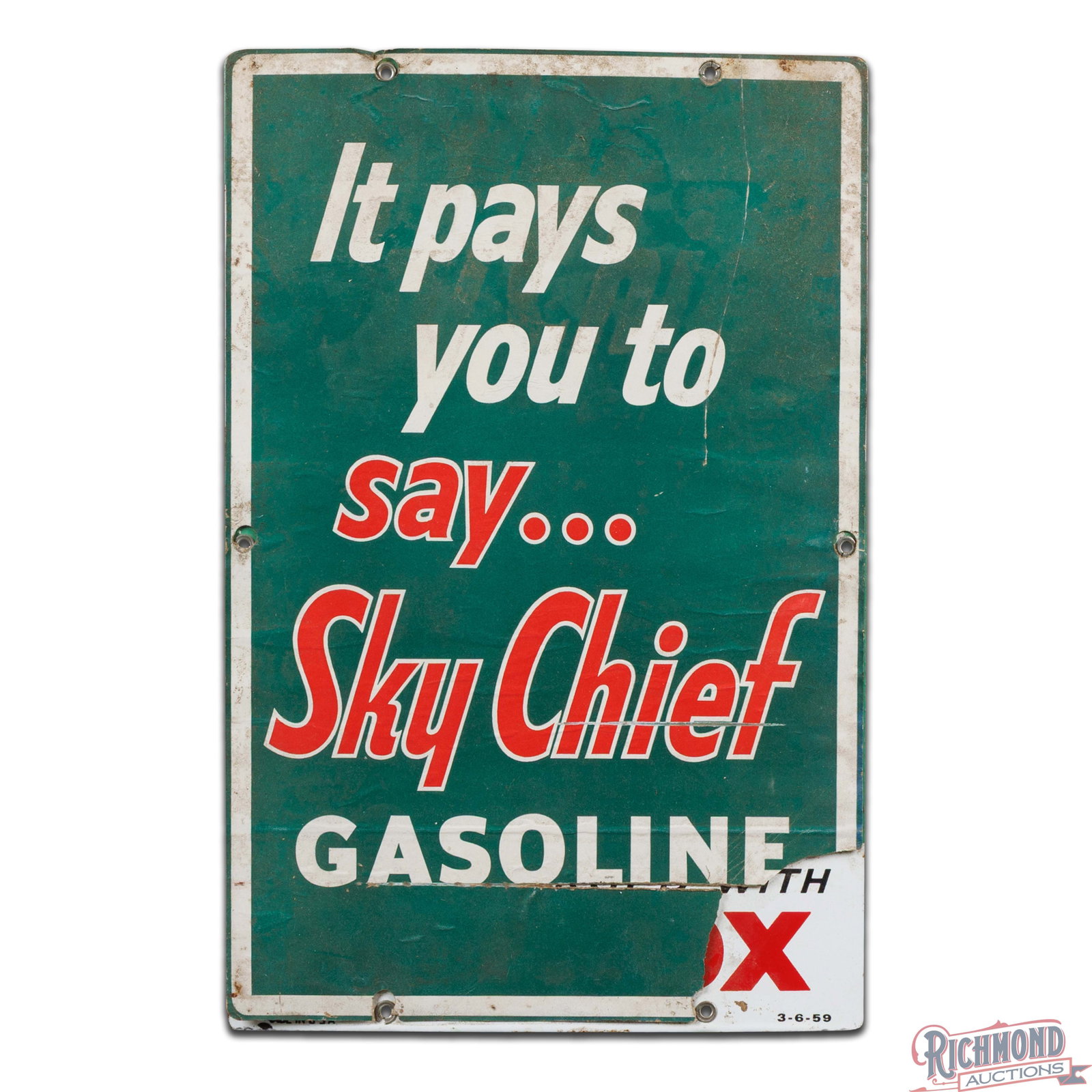 1959 Texaco It Pays You to Say Sky Chief Gasoline Single Sided Porcelain Pump Plate Sign - 2
