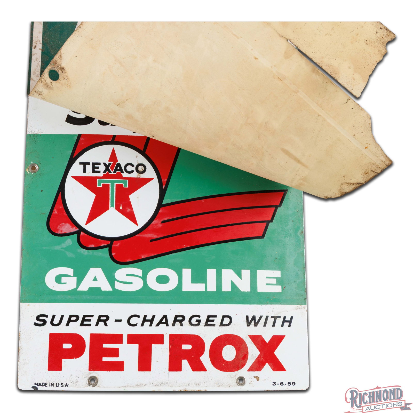 1959 Texaco It Pays You to Say Sky Chief Gasoline Single Sided Porcelain Pump Plate Sign - 4