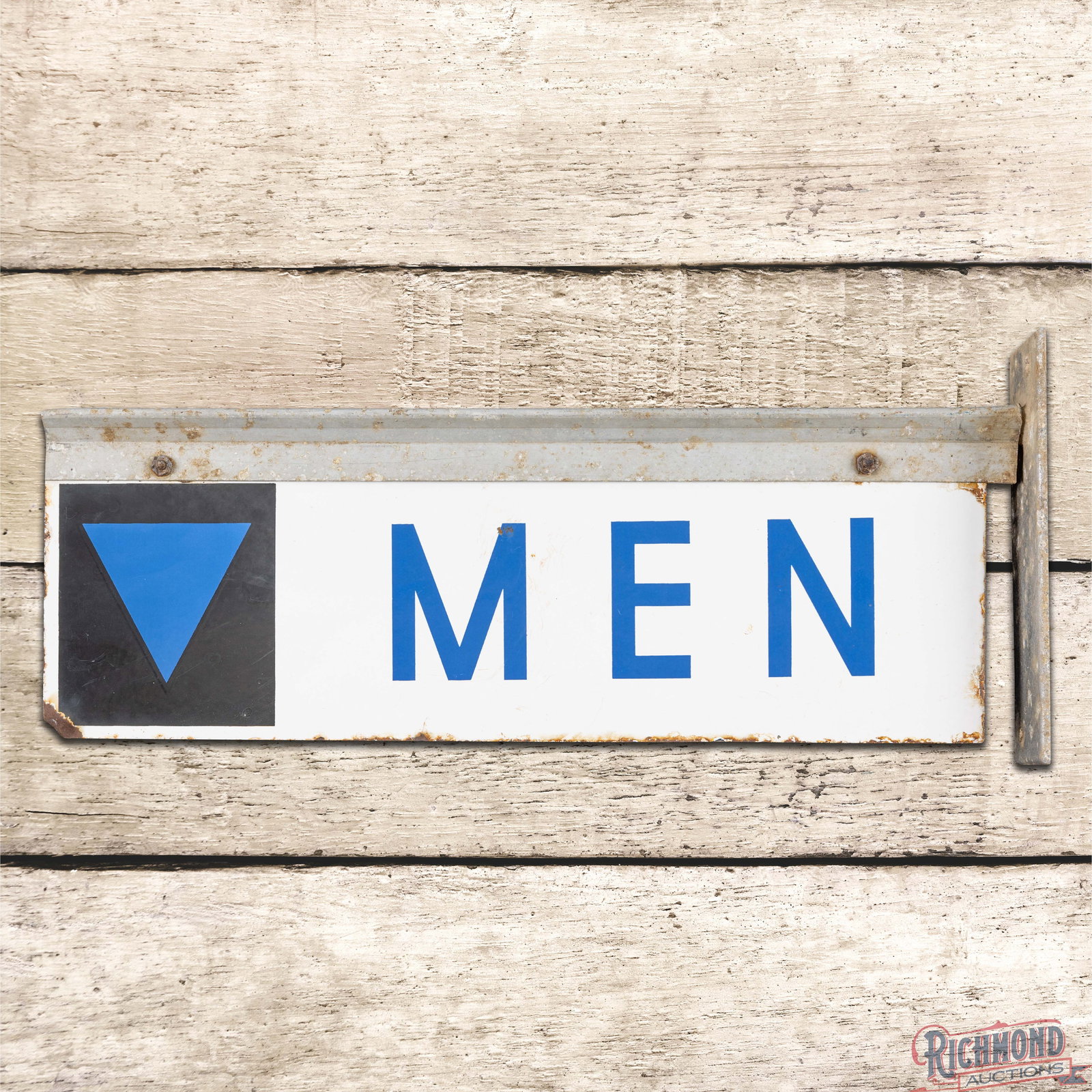 Men Service Station Rest Room Double Sided Porcelain Sign w/ Flange Mount Bracket: DSP (double sided porcelain) sign with factory flange mount bracket has good color and gloss. The display has light wear in the fields. The perimeter has minor discoloration, edge wear and a bend on t