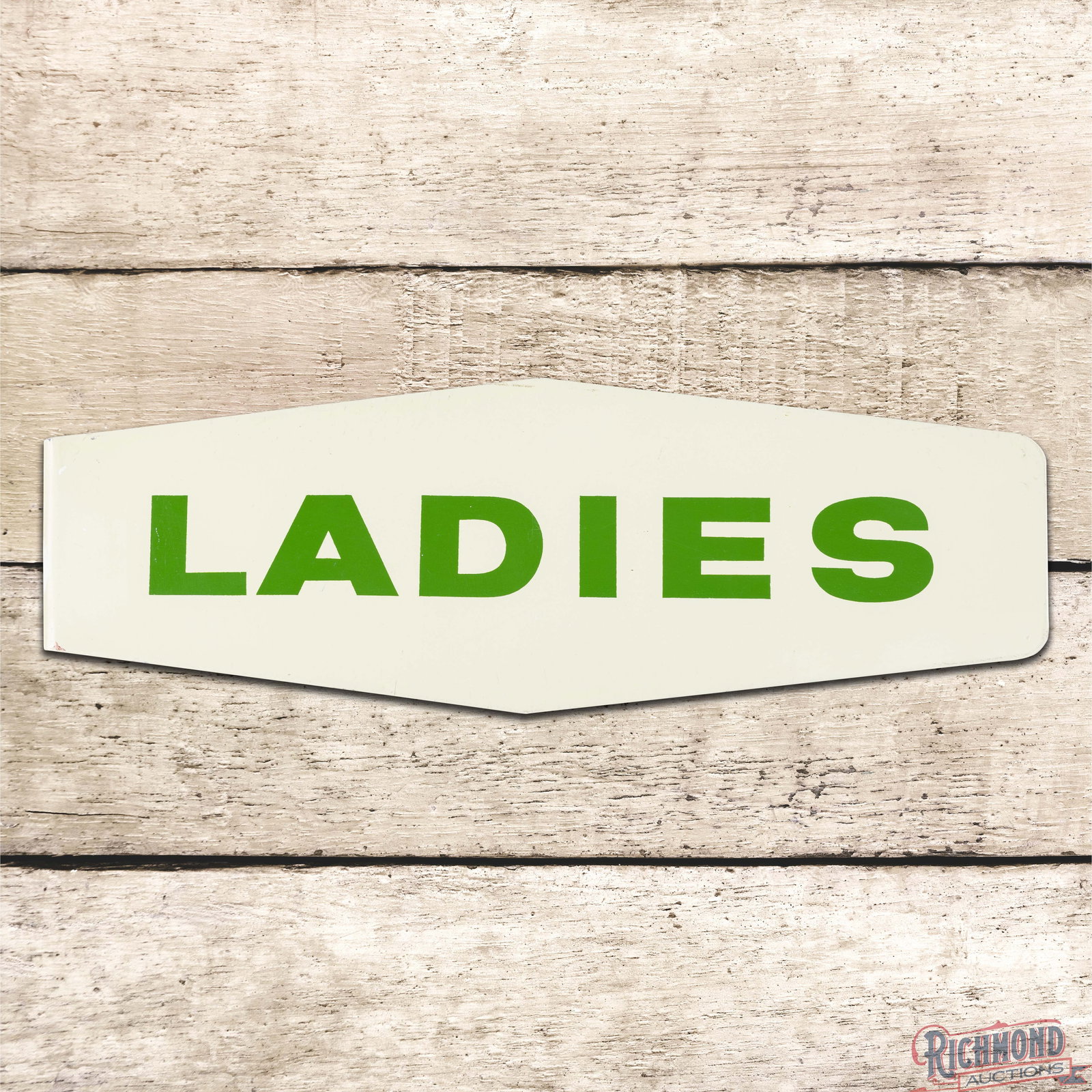Texaco "Ladies" Rest Room Double Sided Tin Flange Sign: Double sided aluminum flange sign has excellent color and shine. The display has light wear and fine scratches. The reverse is in a similar condition with a scratch on the lower left edge at the "L" i