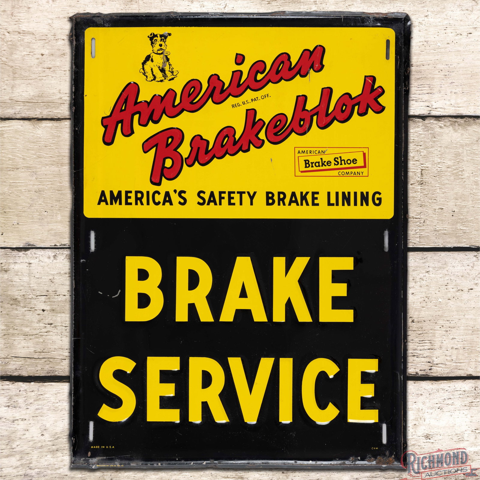 American Brakeblok Brake Service Emb. Single Sided Tin Sign w/ Stopper: SST (single sided tin) embossed self-framed sign has very good color and shine. The display has scratches and paint chips with a small area of flaking paint beside the "A" in American. The perimeter h
