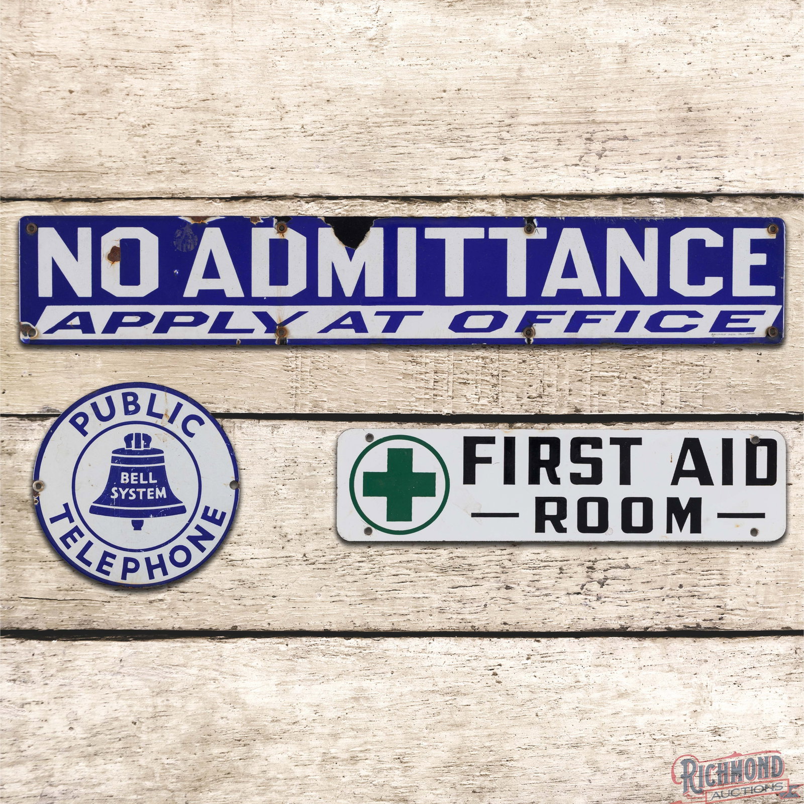 Group of Three Single Sided Porcelain Signs First Aid Bell System & No Admittance: Group of three SSP (single sided porcelain) signs includes First Aid Room, Bell System, and No Admittance Apply at Office. The First Aid sign has excellent color with minor wear. The Bell System has s