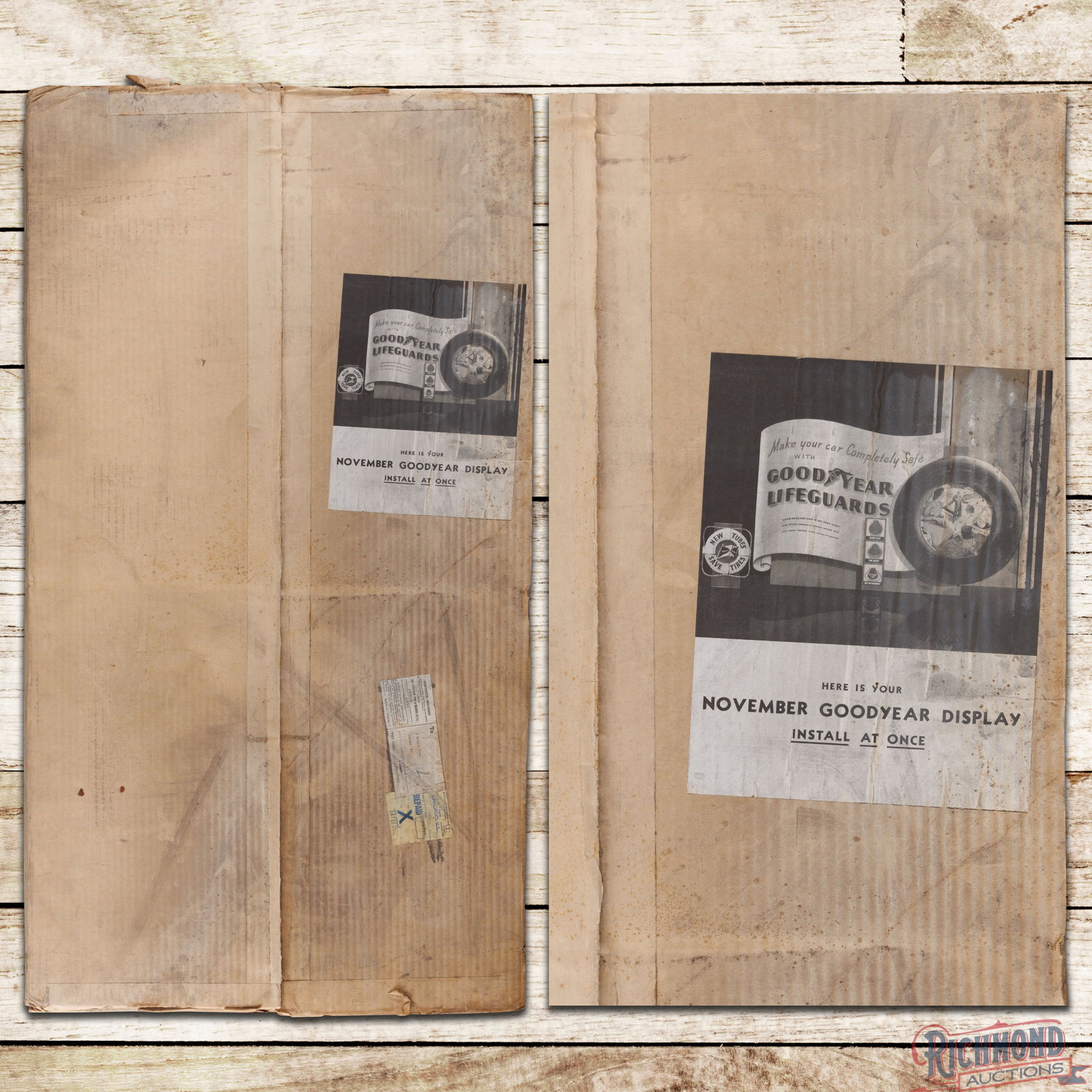 Goodyear Tires Lifequards Cardboard Display w/ Box: NOS (new old stock) multipiece cardboard display with the original box. 43" H x 24" W. Condition: NOS. All items are guaranteed authentic by Richmond Auctions unless otherwise noted. Purchases are eli
