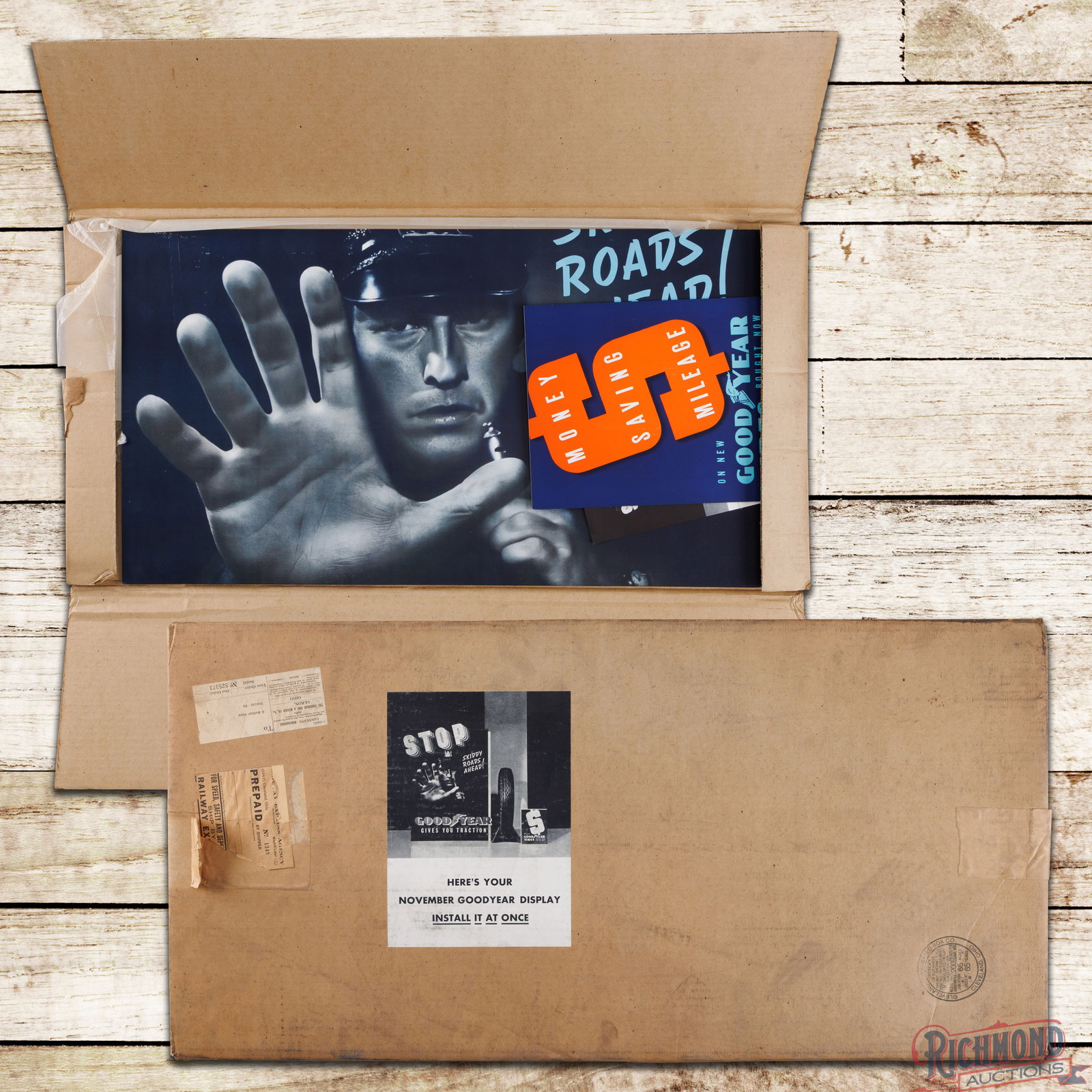 NOS Goodyear Tires "STOP Skiddy Roads Ahead" Cardboard Display w/ Box: NOS (new old stock) multipiece cardboard display with the original box. 37.5" H x 19" W. Condition: NOS. All items are guaranteed authentic by Richmond Auctions unless otherwise noted. Purchases are e