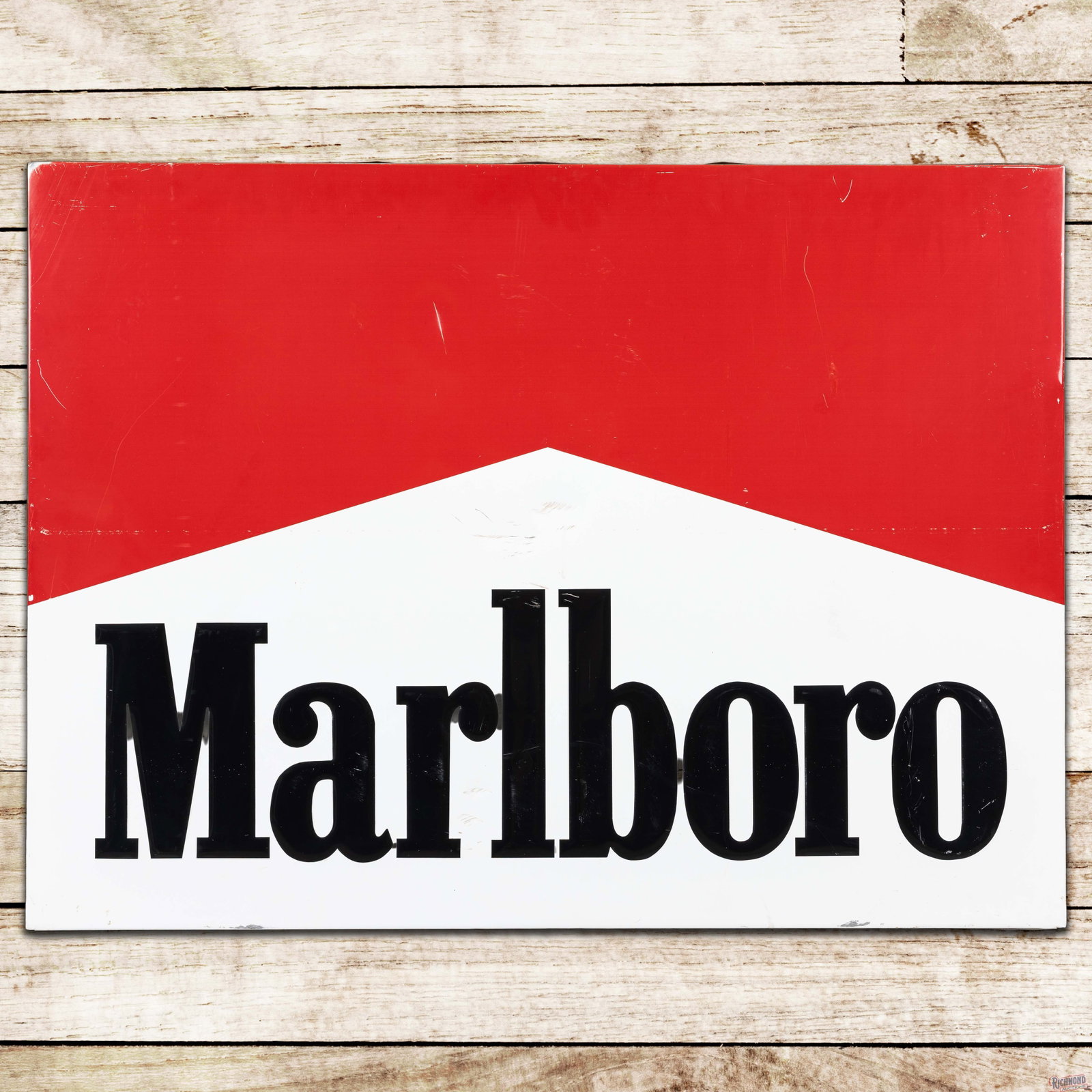 Marlboro Cigarettes 46" Emb. Double Sided Tin Sign: DST (double sided tin) sign with rolled edges has very good color and shine. Side #1 has scratches with surface rubs to the lettering. The perimeter has small indentations with paint chips and minor b