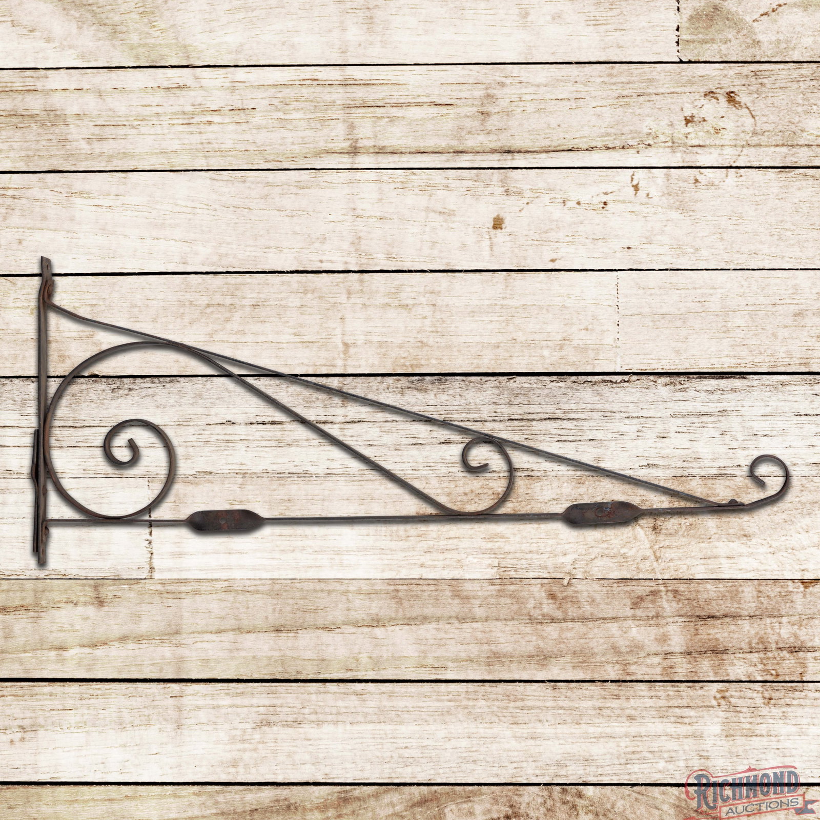 Metal Sign Hanging Bracket 36": Metal sign hanging bracket measures 15" x 36". The distance between the sign mounting holes is just under 18" when measured center to center. The bracket has light wear throughout with oxidation and a