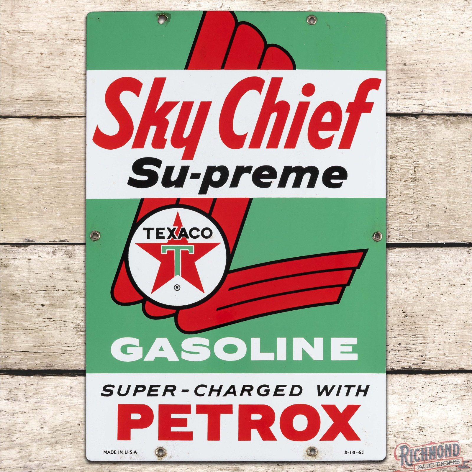 1961 Texaco Sky Chief Supreme Gasoline w/ Petrox Single Sided Porcelain 18" Pump Plate Sign: SSP (single sided porcelain) sign has excellent color and gloss. The field is clean with minor surface imperfections in the outer fields. The perimeter has a slightly elongated upper left mount hole w