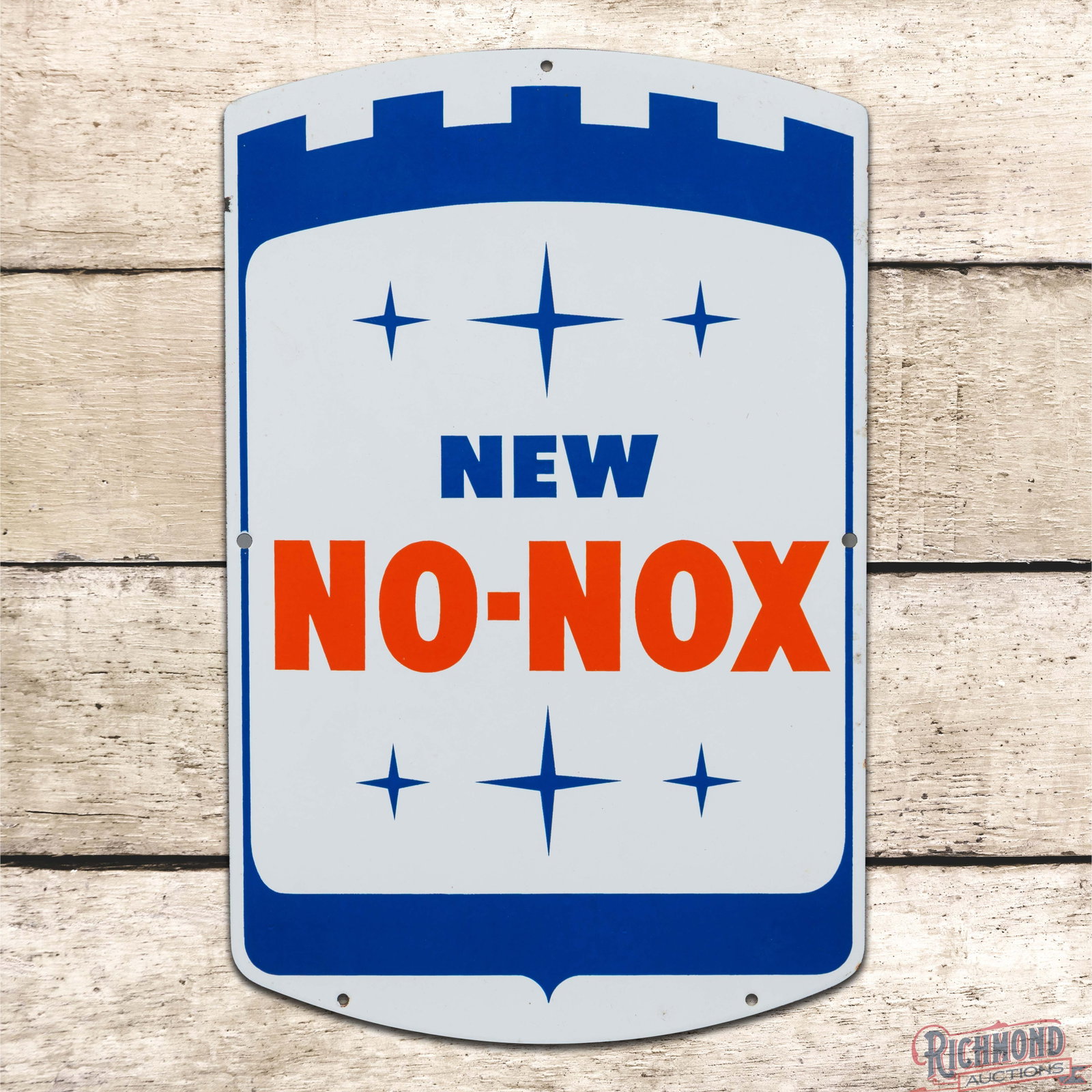 Gulf New No-Nox Gasoline Single Sided Porcelain Pump Plate Sign: SSP (single sided porcelain) pump plate has excellent color and gloss. The field is clean. The perimeter has light wear with a small chip on the upper left edge. 17.5" H x 11.25" W. Condition: 9.0+. A