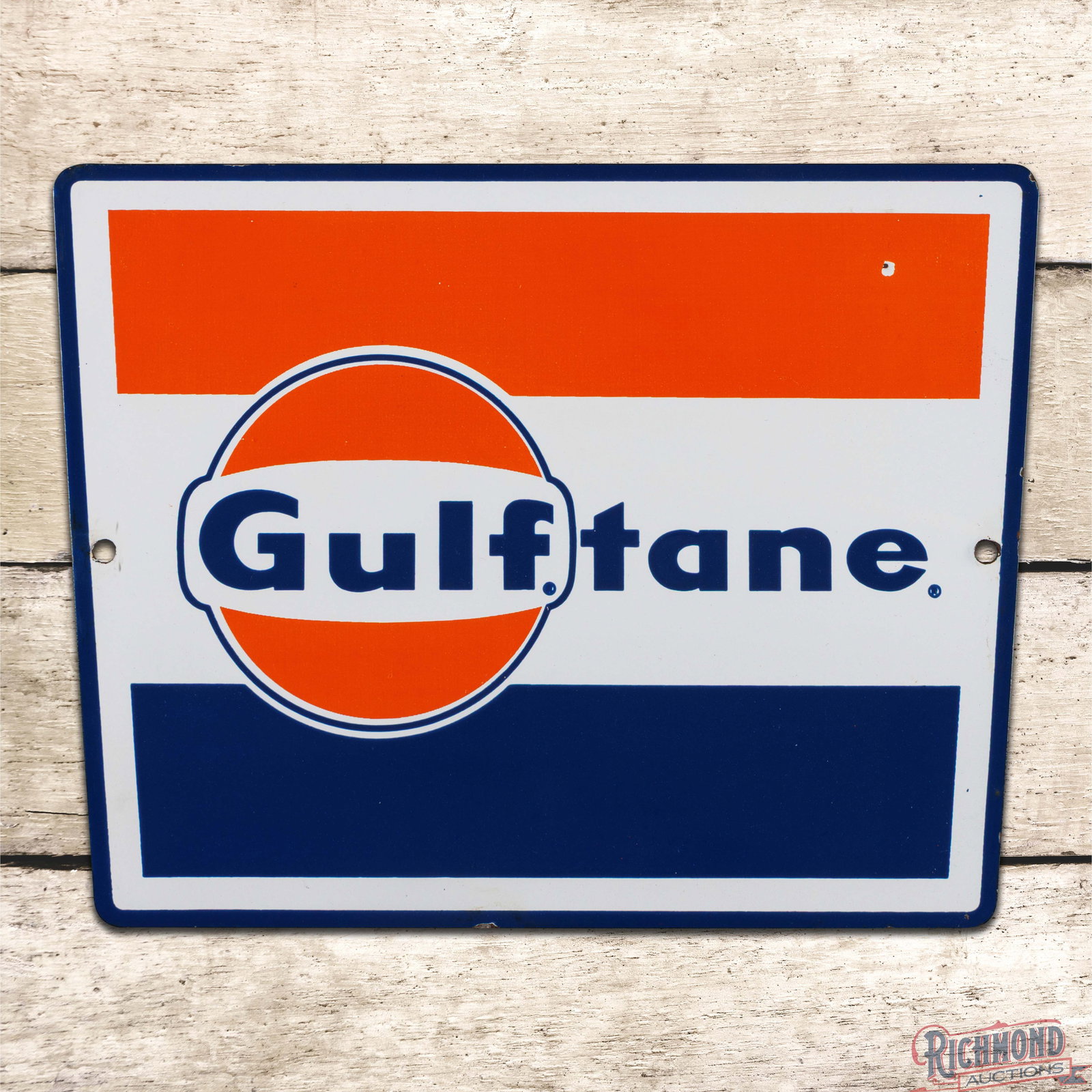 Gulftane Gasoline Single Sided Porcelain Pump Plate Sign w/ Logo (1 of 3)