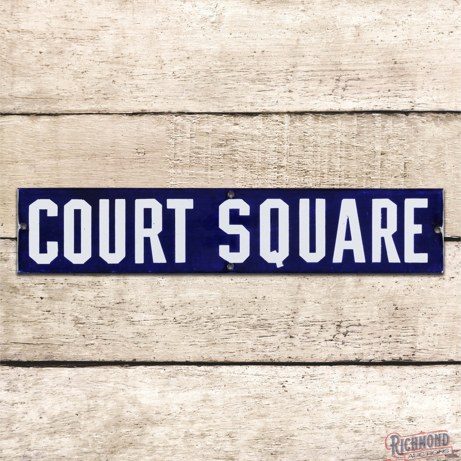 Court Square 20" Single Sided Porcelain Street Sign: SSP (single sided porcelain) sign has excellent color and gloss. The field exhibits fine scratches with light wear. The perimeter is clean. Overall a colorful early street sign featuring classic cobal