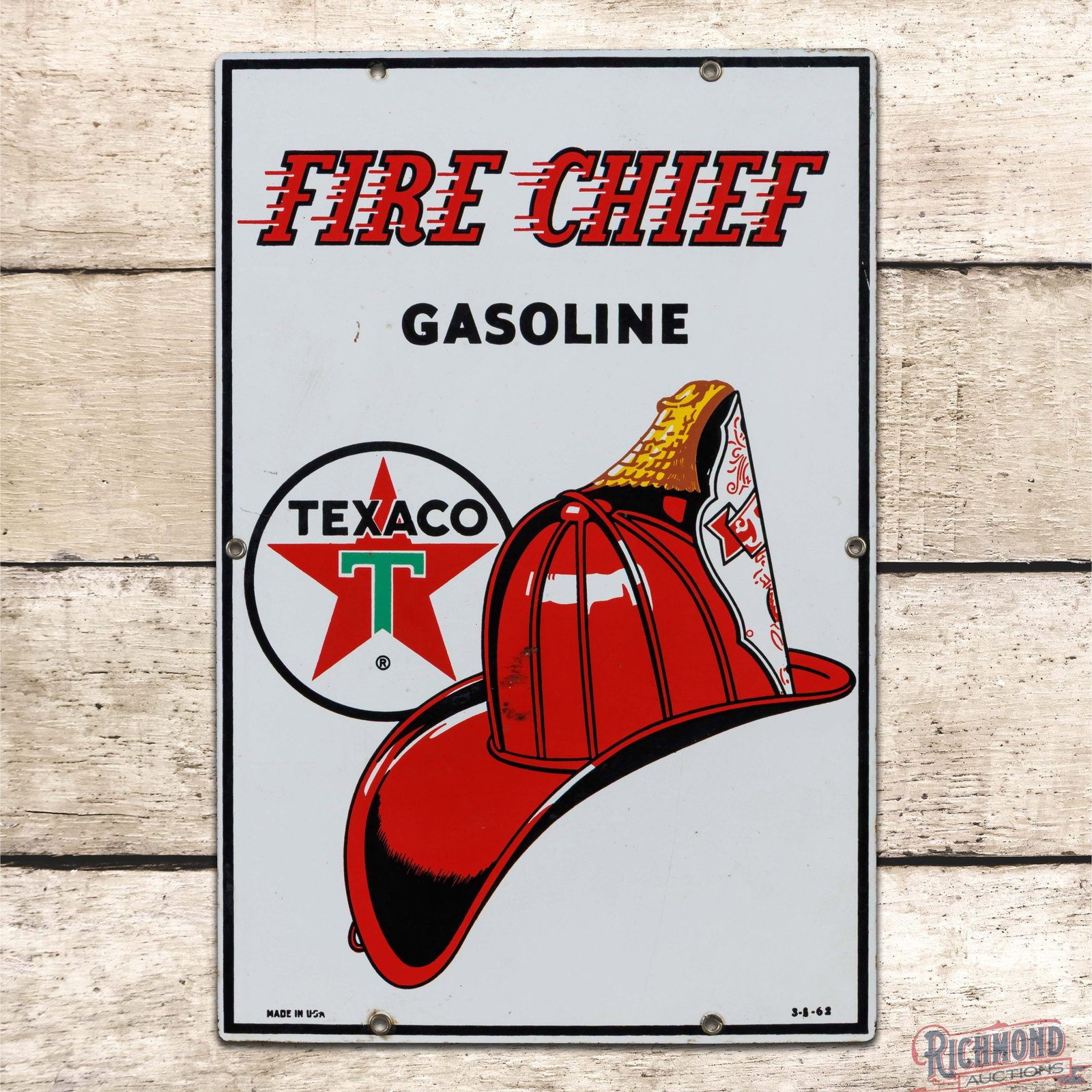 1962 Texaco Fire Chief Gasoline Single Sided Porcelain Pump Plate Sign: SSP (single sided porcelain) sign has very good color and gloss. The display has scuffs and wear in the lower field with other fine scratches and marks. The perimeter has minor edge wear and five orig