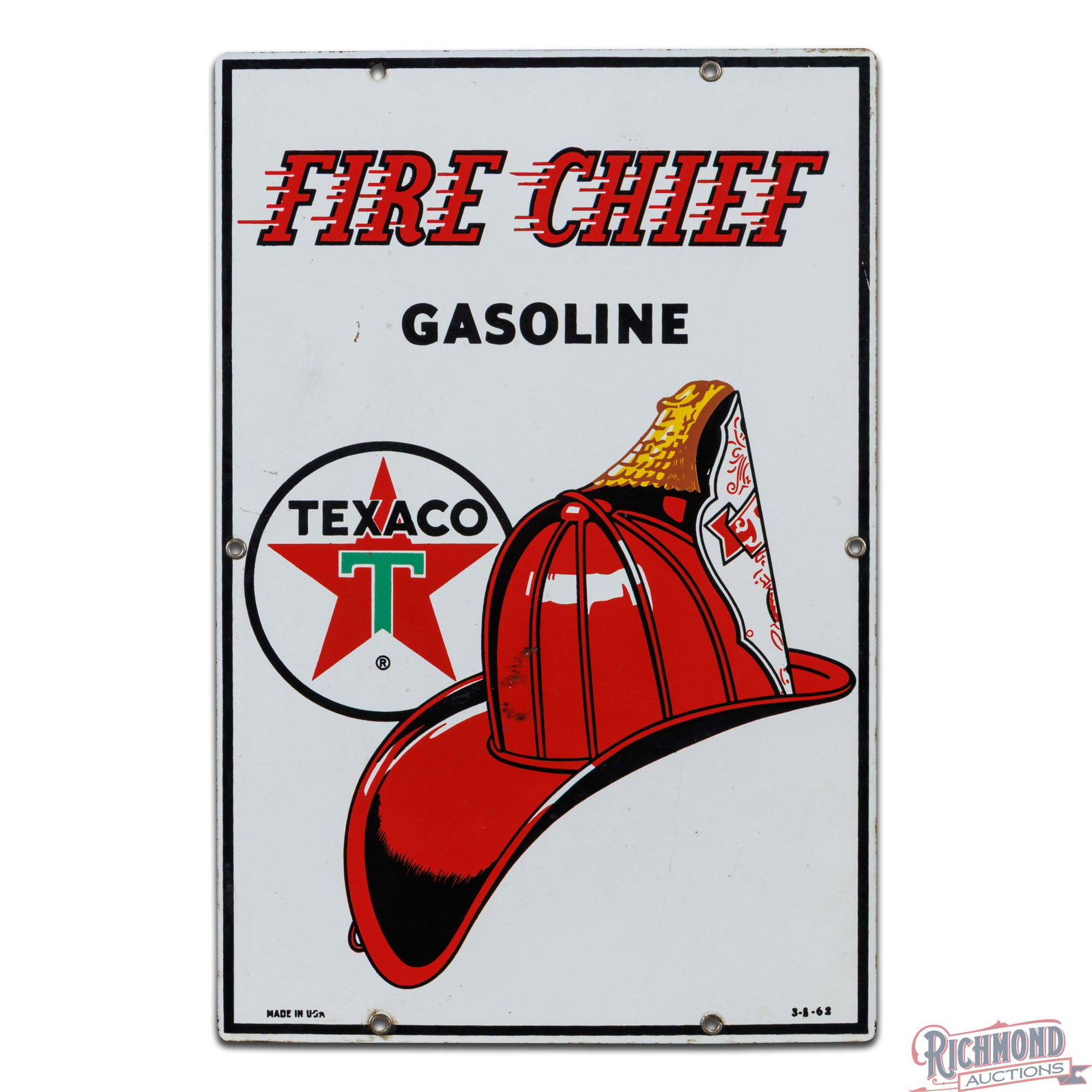 1962 Texaco Fire Chief Gasoline Single Sided Porcelain Pump Plate Sign - 2