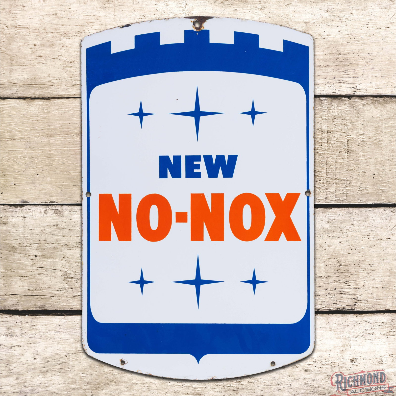 Gulf New No-Nox Gasoline Single Sided Porcelain Pump Plate Sign: SSP (single sided porcelain) pump plate has excellent color and gloss. The field is very clean overall showing two tiny flea bites. The perimeter has chipping at the upper mounting hole with small chi