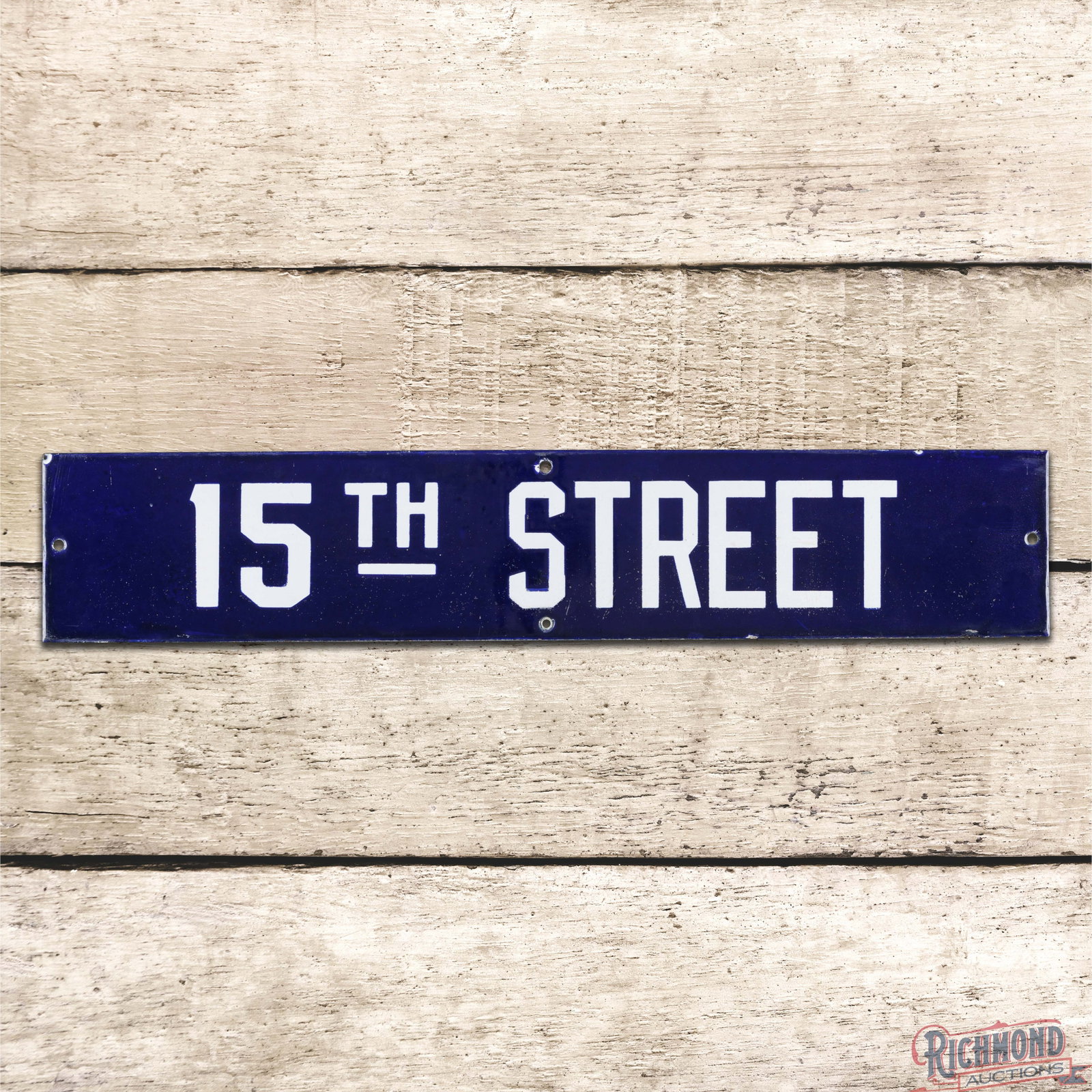 15th Street 24" Single Sided Porcelain Sign: SSP (single sided porcelain) sign has excellent color and gloss. The field has light wear with fine scratches and minor spotting. The perimeter has tiny chips at the upper mounting hole and outer edge