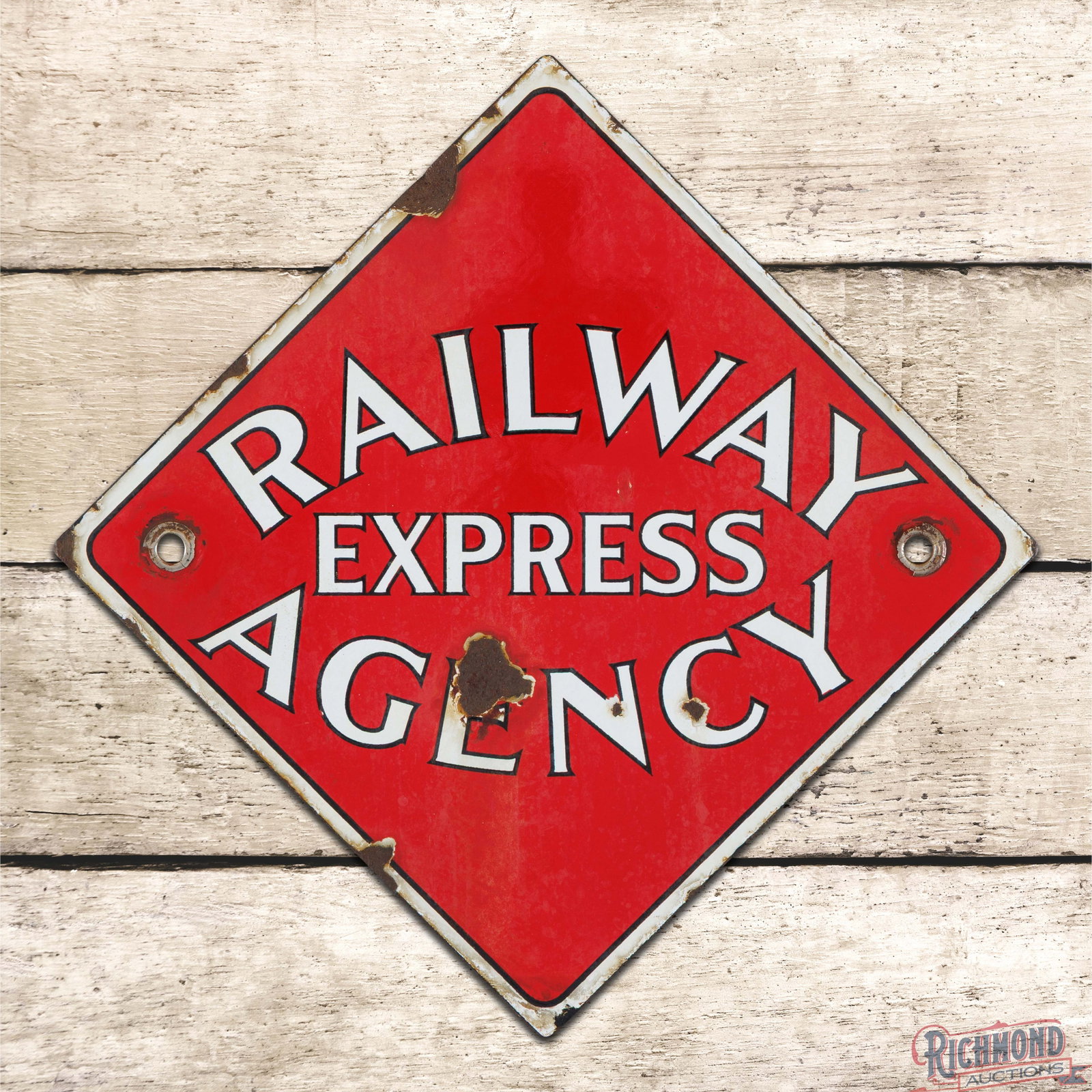 Railway Express Agency 11' Single Sided Porcelain Sign: SSP (single sided porcelain) sign has very good color and gloss. The display has chips with light surface wear. The perimeter has a minor bend on the upper left edge with chips and areas of discolorat