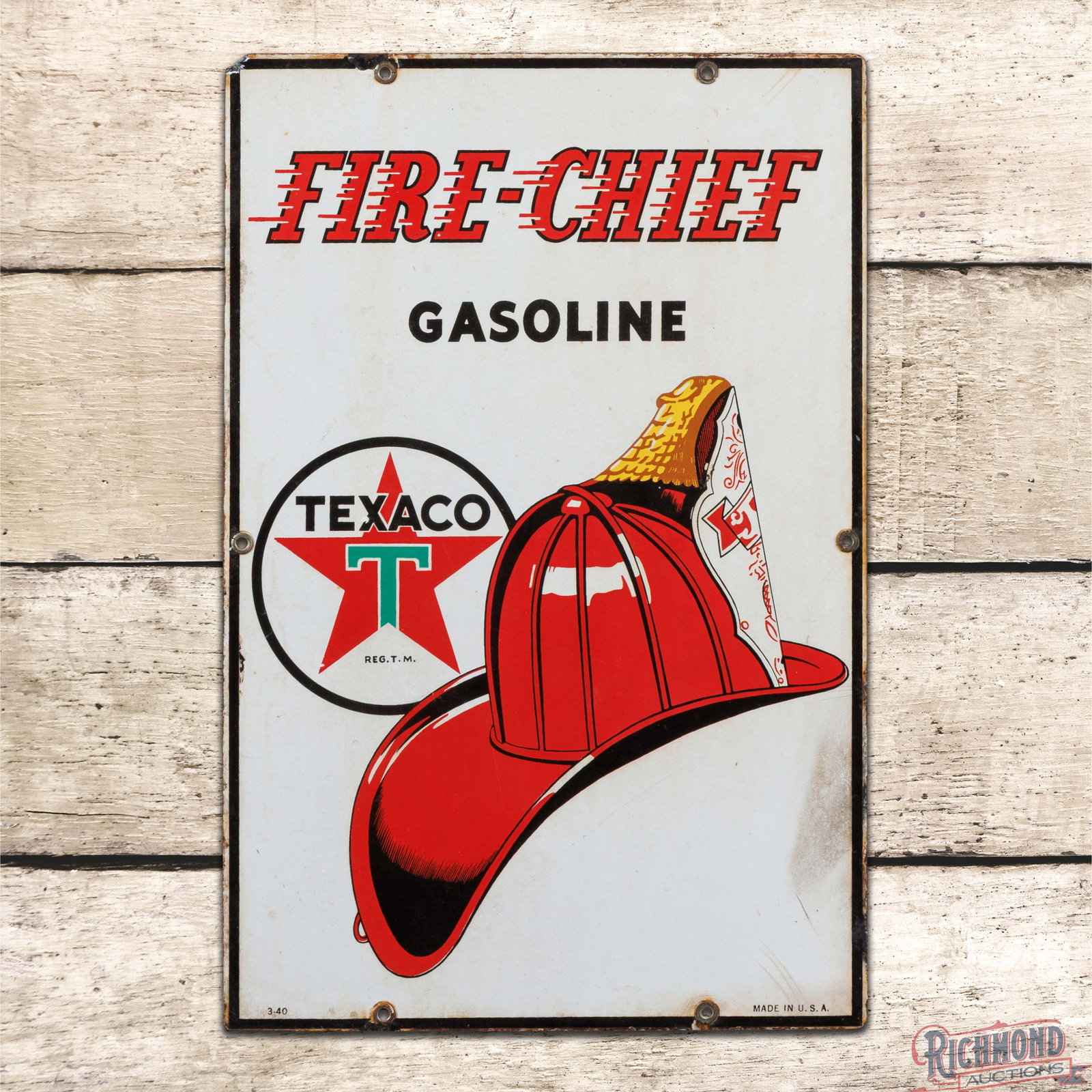 1940 Texaco Fire Chief Gasoline Single Sided Porcelain Pump Plate Sign: SSP (single sided porcelain) pump plate sign has moderate color and gloss. The display has fading with discoloration and light surface wear. The perimeter has staining with edge wear, chips and a tiny