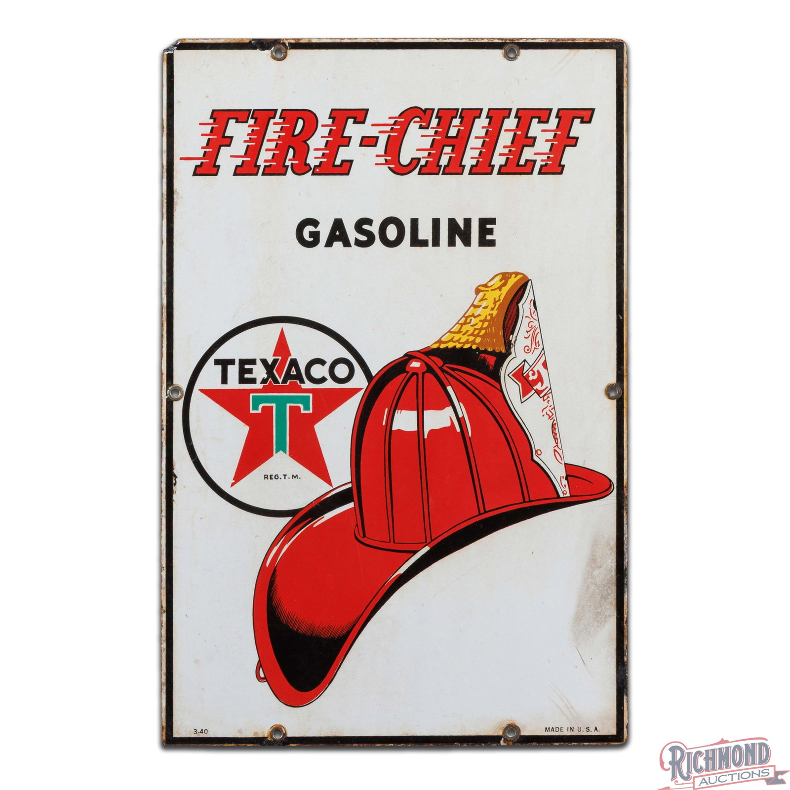 1940 Texaco Fire Chief Gasoline Single Sided Porcelain Pump Plate Sign - 2