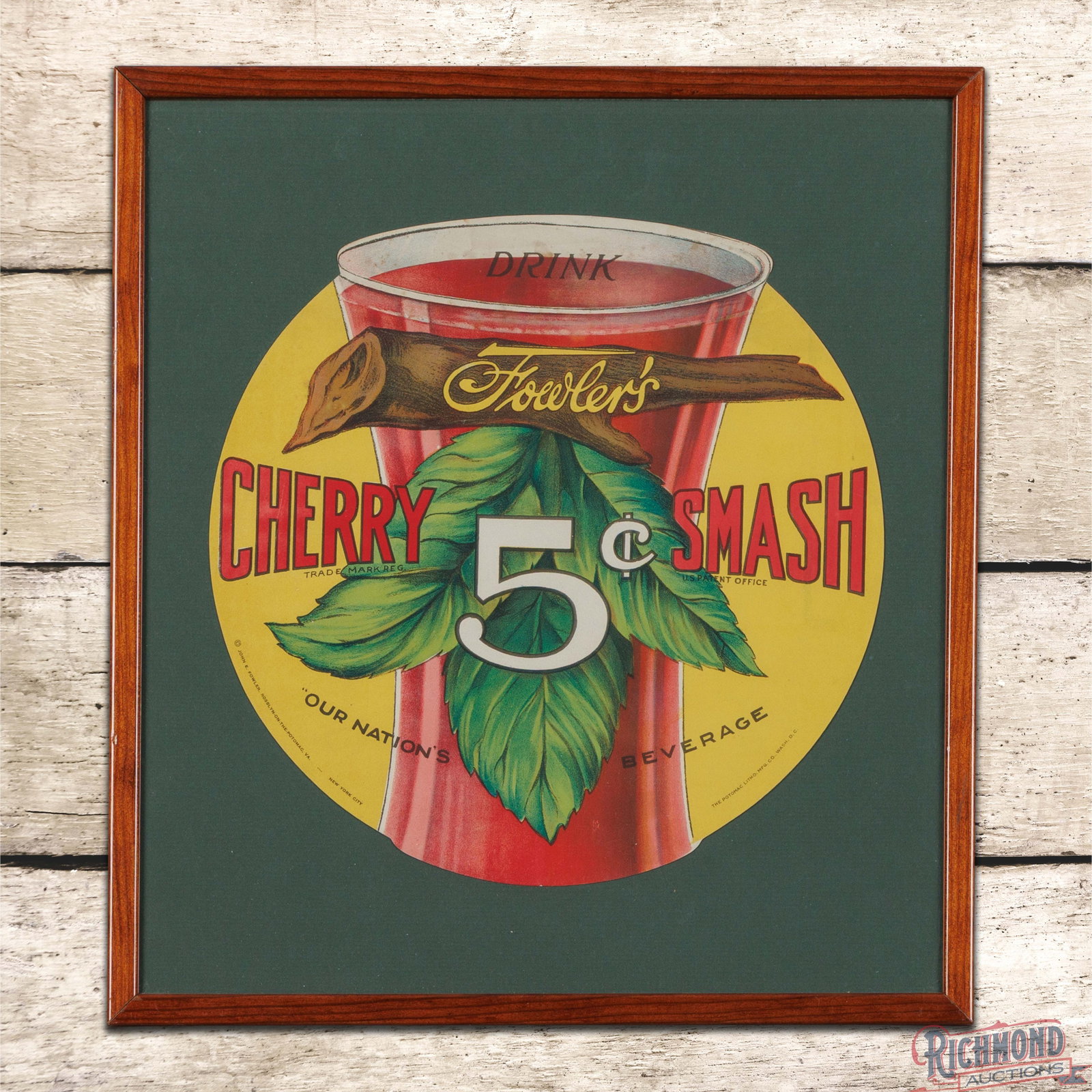 Dink Fowler's Cherry Smash 5 Cents Die Cut SS Paper Framed Advertising Sign (1 of 3)