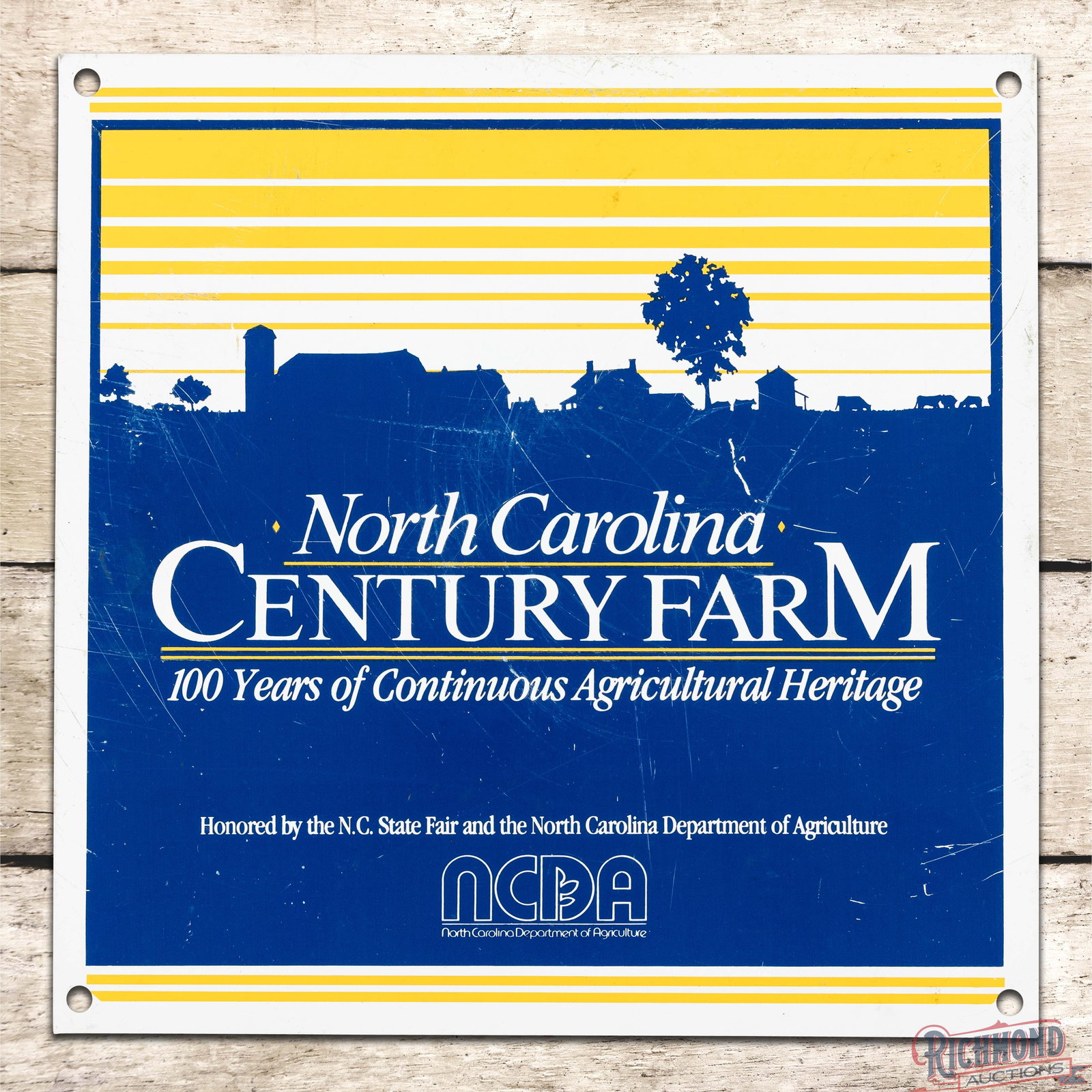 North Carolina Century Farm Dept. of Agriculture 12" Double Sided Tin Sign: DST (double sided tin) sign has very good color and shine. Side #1 has light wear with fine scratches in the outer fields. The reverse has additional surface wear in the fields. The sign displays well