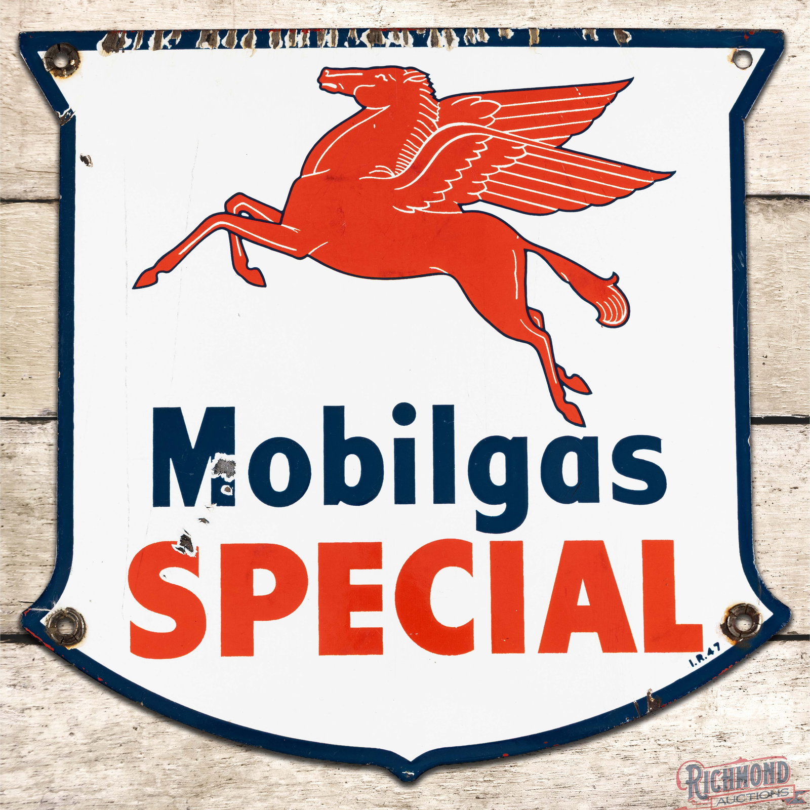 1947 Mobilgas Special Gasoline Single Sided Porcelain Pump Plate Sign w/ Pegasus: SSP (single sided porcelain) sign has excellent color and gloss. The field has chips and marks in the left fields. The perimeter has chips at the mounting holes with numerous chips along the outer edg