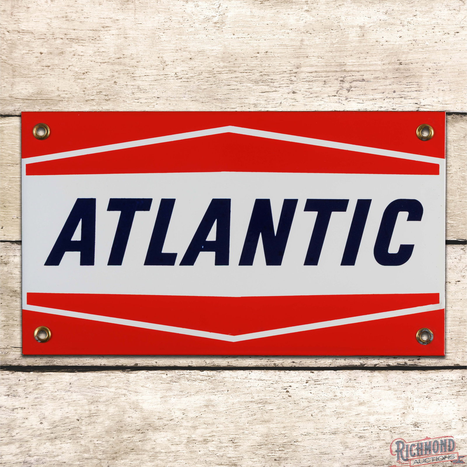 Atlantic Gasoline Single Sided Porcelain Pump Plate Sign: SSP (single sided porcelain) sign has excellent color and gloss. The field and perimeter are both very clean and all four factory grommets are present. Overall a superb example. 7.5" H x 13" W. Condit