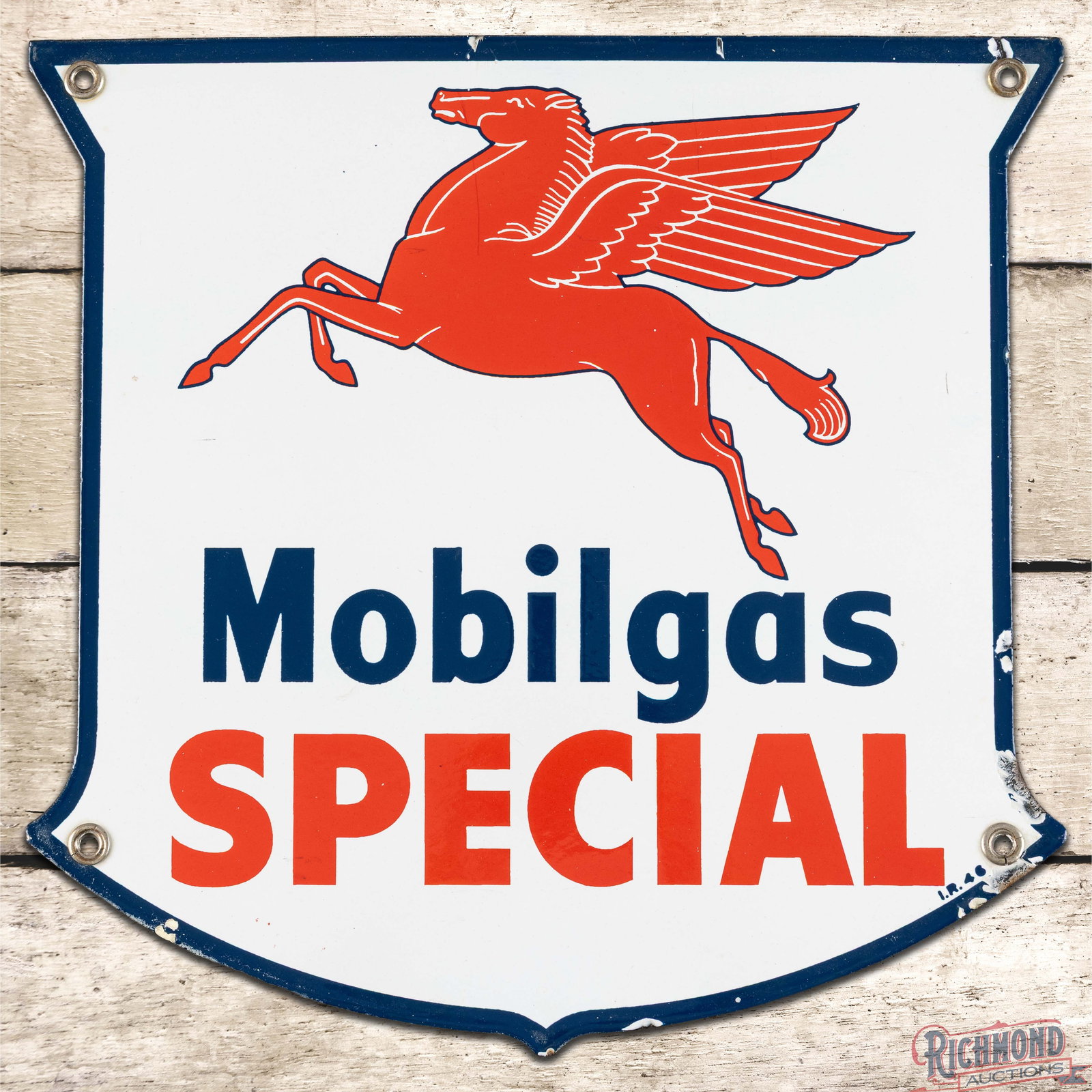 1946 Mobilgas Special Gasoline Single Sided Porcelain Pump Plate Sign w/ Pegasus: SSP (single sided porcelain) die cut pump plate sign has excellent color and gloss. The field has light surface wear. The perimeter has chips along the outer edges. All four factory grommets are prese