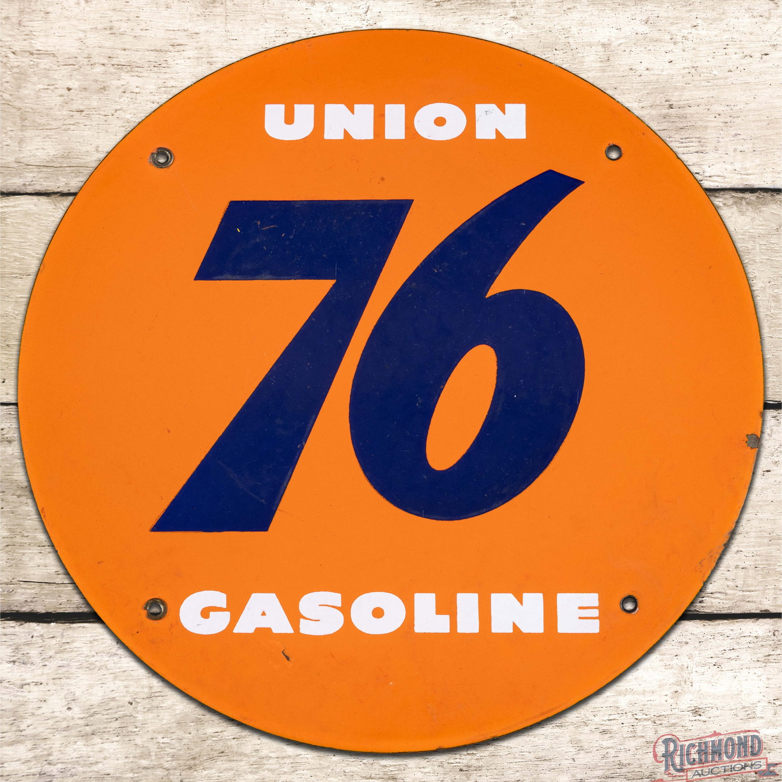 Union 76 Gasoline Single Sided Porcelain Pump Plate Sign: SSP (single sided porcelain) sign has good color and gloss. The field has areas of surface wear with cloudiness, discoloration and a small chip below the "A" in the lower outer field. The perimeter ha